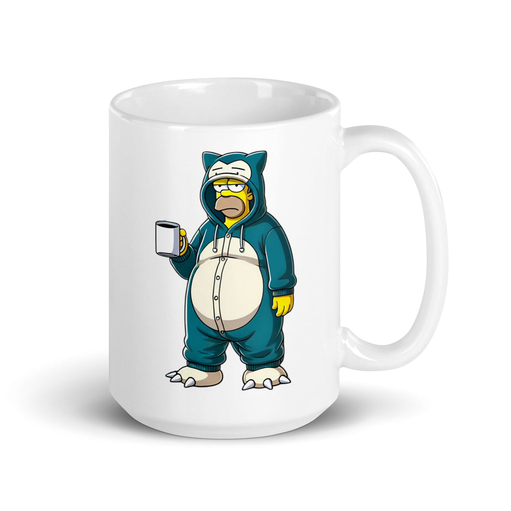 Larger-sized Homerlax Mug (15oz), featuring Homer Simpson dressed as Snorlax, embracing his true spirit Pokémon, printed on high-quality ceramic drinkware for lazy legends.