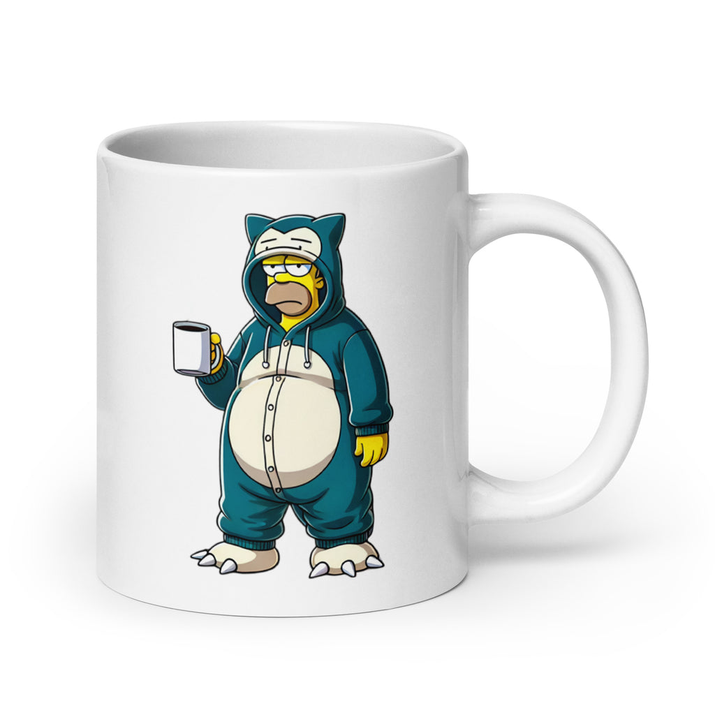Extra-large Homerlax Mug (20oz), showcasing Homer Simpson lounging in a Snorlax kigurumi onesie, proving that maximum relaxation is the only way to live, printed on an oversized novelty coffee cup for meme lovers and comfort seekers.