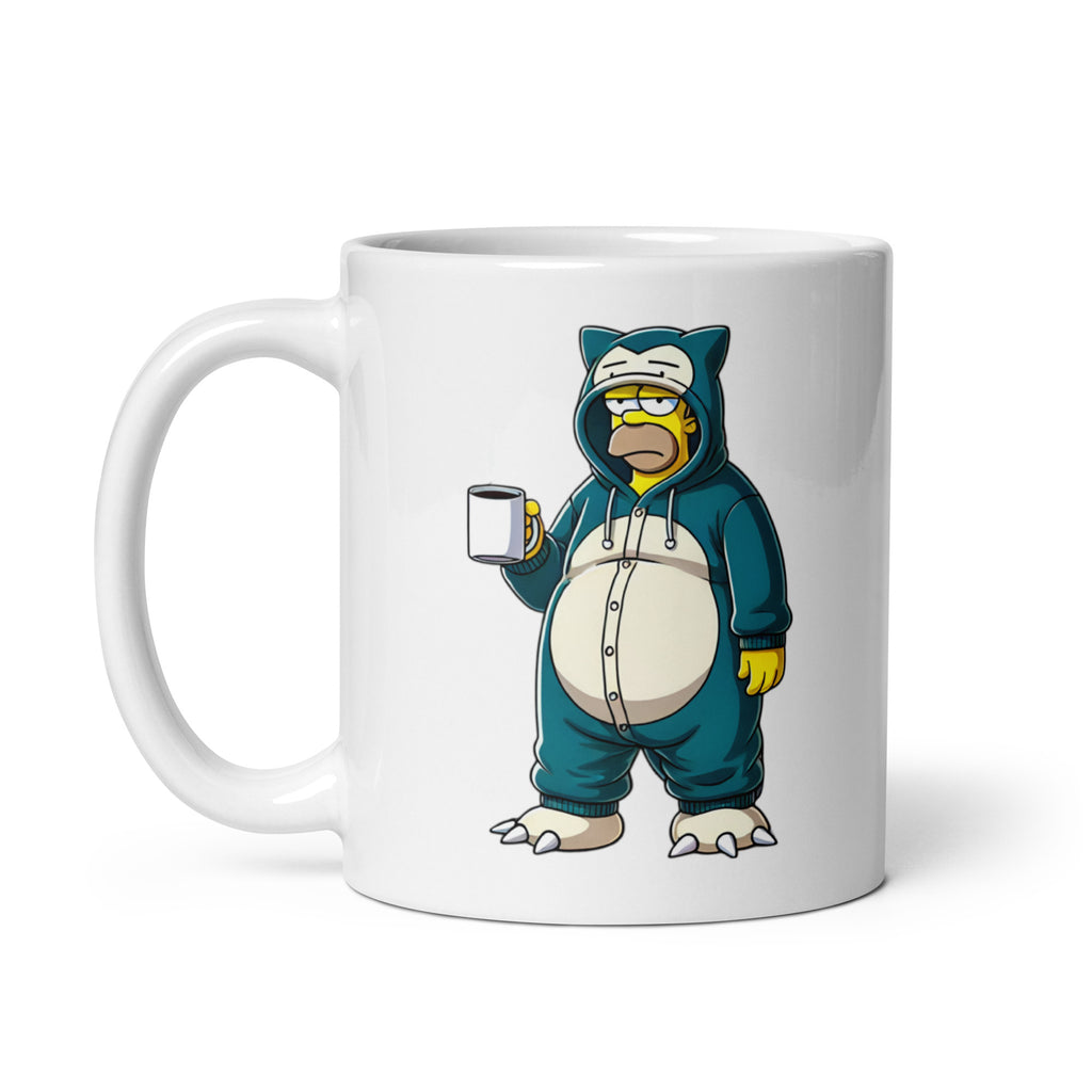 Close-up of the right side of the Homerlax Mug (11oz), showcasing Homer Simpson rocking a Snorlax onesie, the perfect crossover of relaxation and Pokémon energy, printed on a meme-worthy coffee cup.
