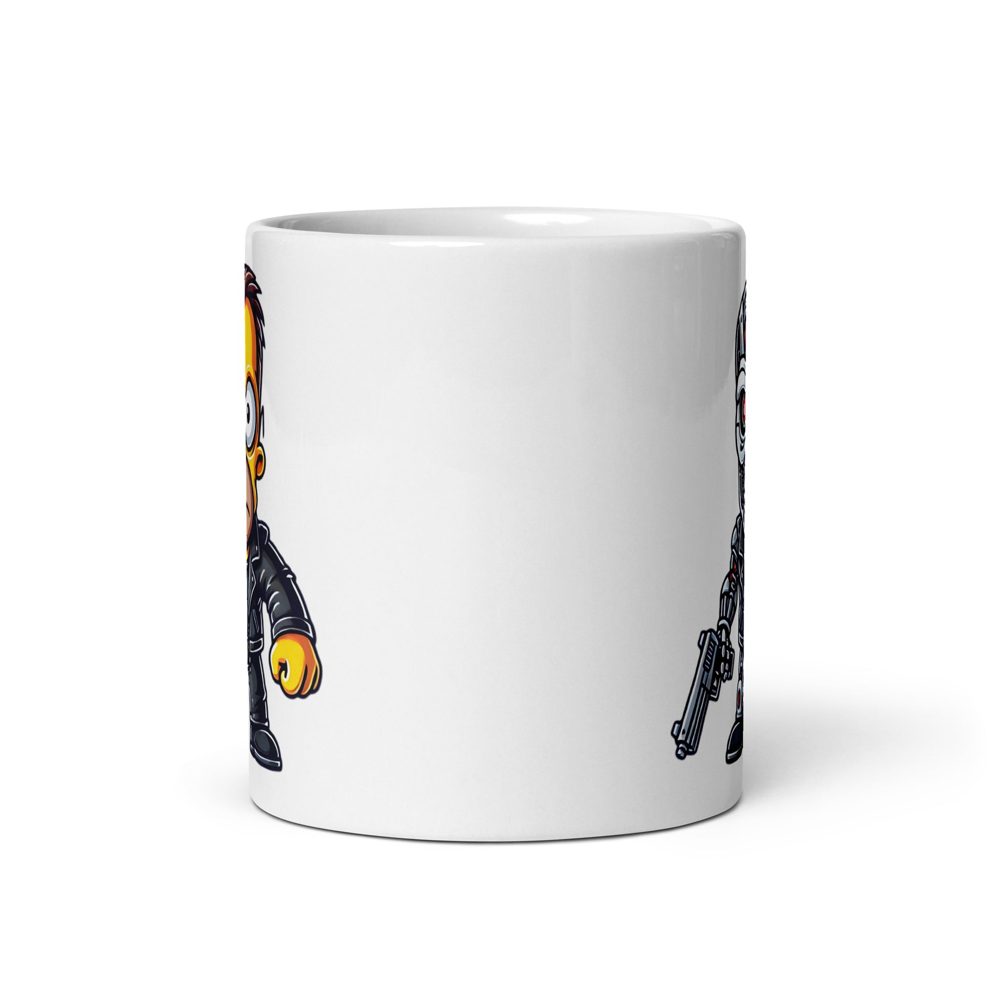 Front view of the Homernator Mug (11oz), featuring Homer Simpson transformed into a half-cybernetic Terminator, blending classic cartoon comedy with sci-fi action, printed on a collector’s edition coffee cup for retro and movie mashup enthusiasts.