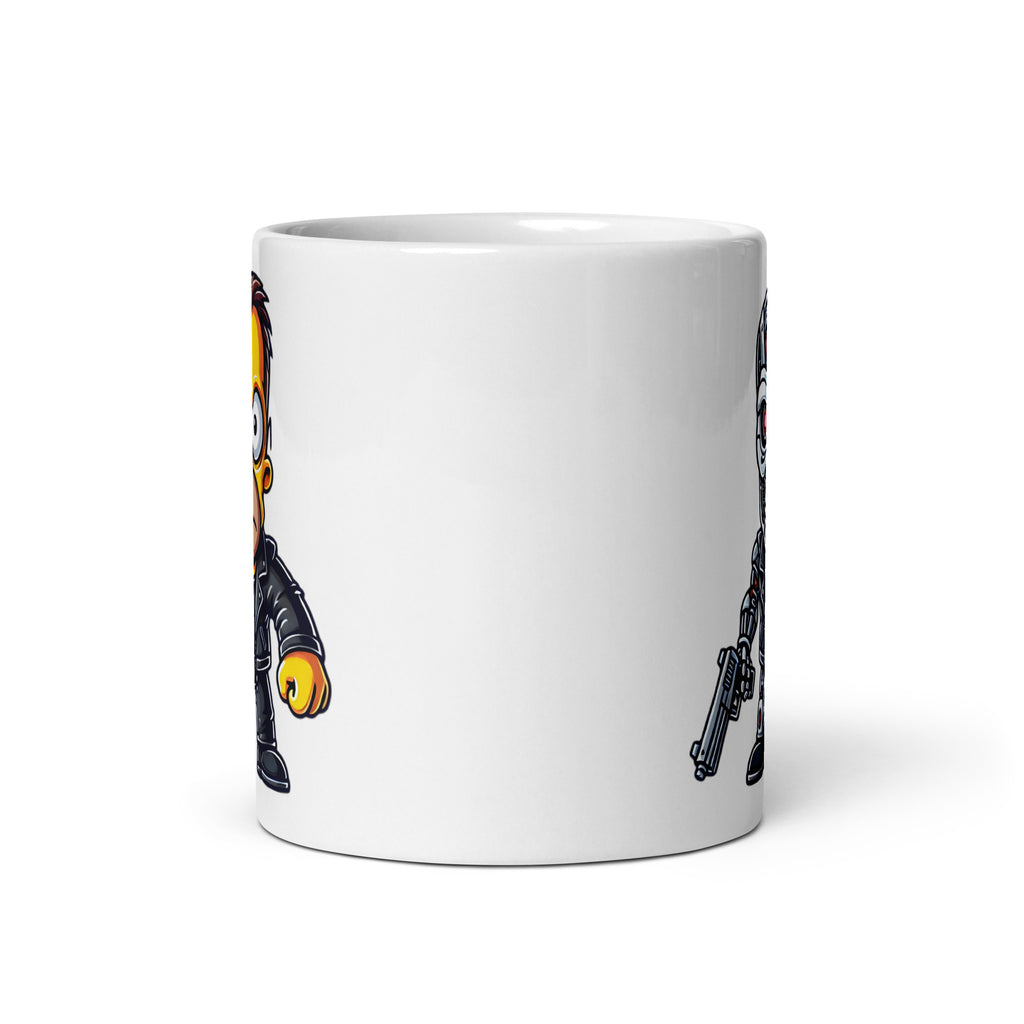 Front view of the Homernator Mug (11oz), featuring Homer Simpson transformed into a half-cybernetic Terminator, blending classic cartoon comedy with sci-fi action, printed on a collector’s edition coffee cup for retro and movie mashup enthusiasts.