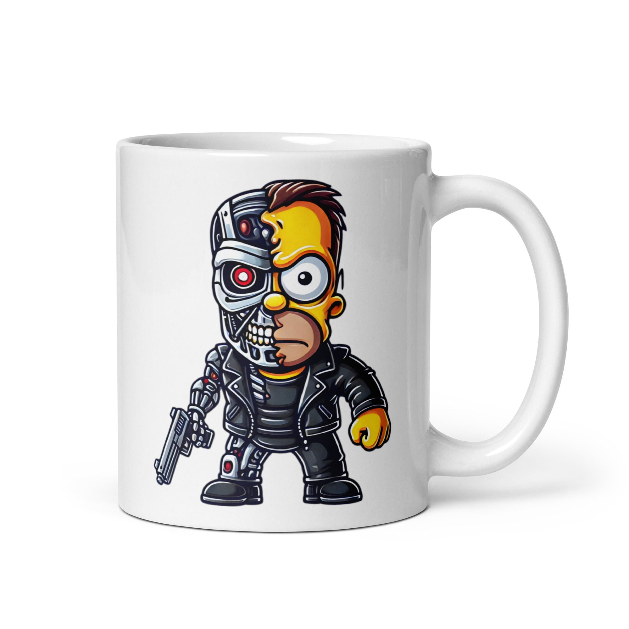 Close-up of the left side of the Homernator Mug (11oz), featuring Homer Simpson fused with The Terminator, showcasing his battle-worn cybernetic design in this hilarious pop culture mashup, printed on a high-quality ceramic coffee cup for meme-loving fans.