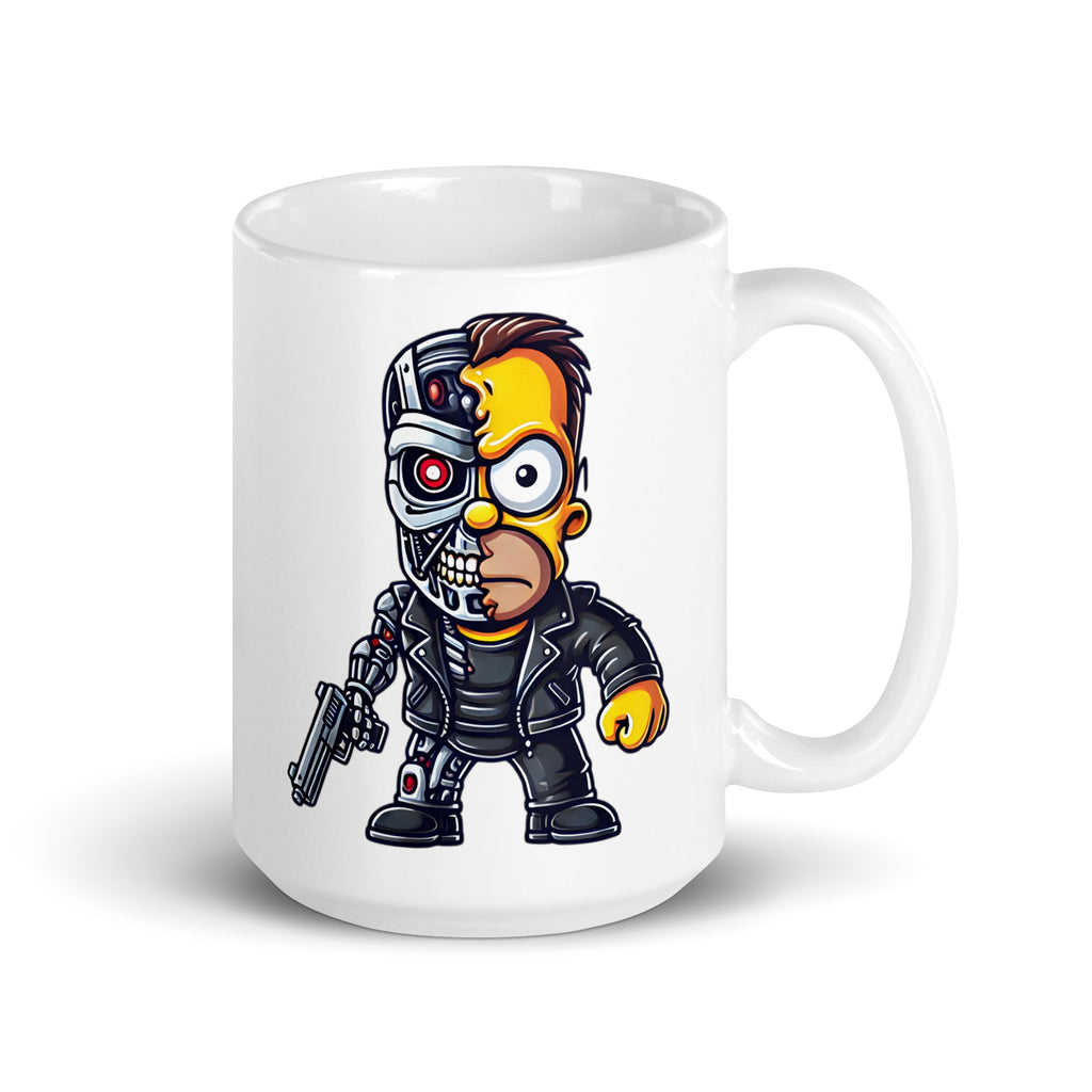 Larger-sized Homernator Mug (15oz), featuring Homer Simpson as a battle-worn Terminator cyborg, blending comedy, sci-fi, and meme culture in one hilarious crossover, printed on high-quality ceramic drinkware for fans of dystopian humor.