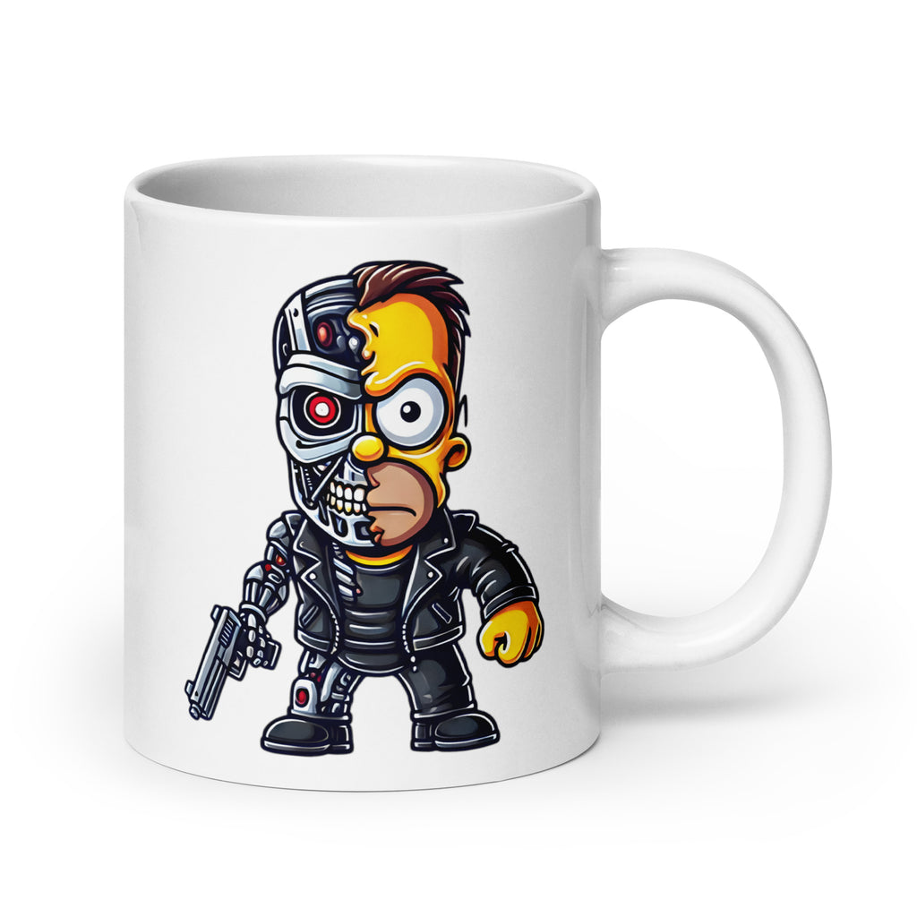 Extra-large Homernator Mug (20oz), featuring Homer Simpson with glowing red cybernetic Terminator eye, turning this hilarious pop culture mashup into the perfect meme-inspired collectible, printed on an oversized novelty coffee cup for sci-fi and comedy lovers.
