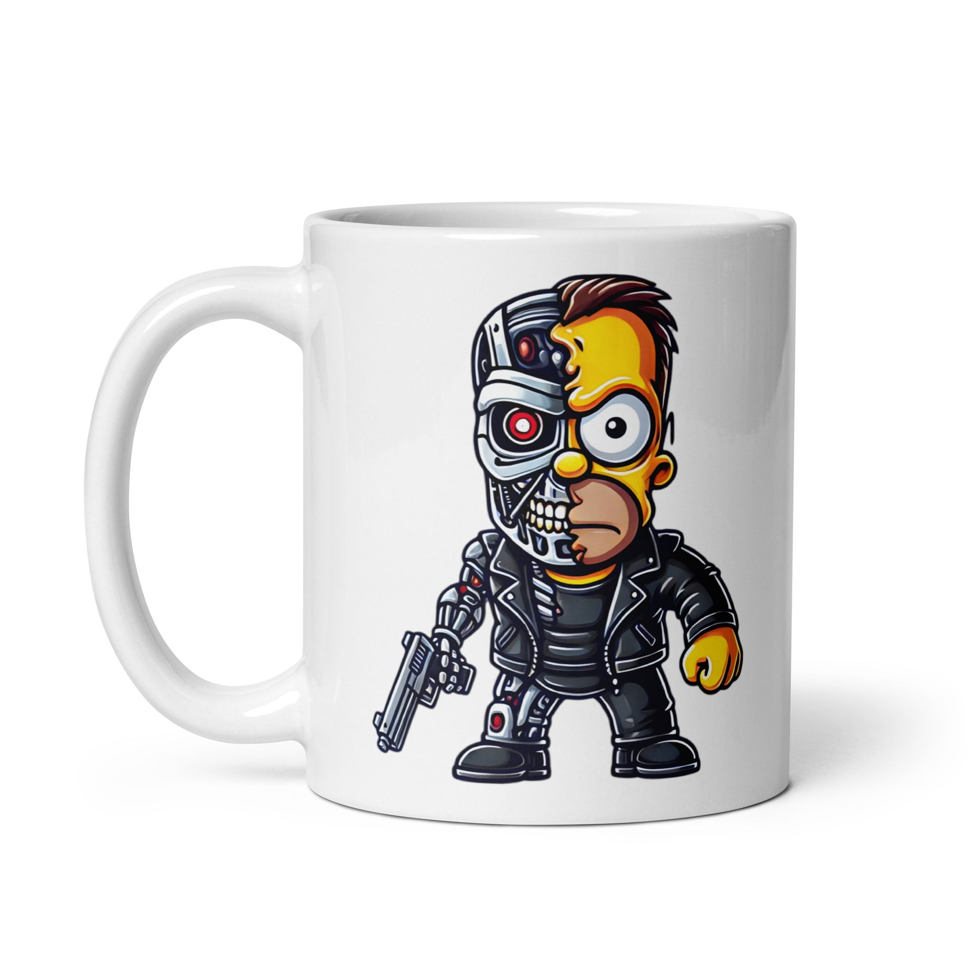 Close-up of the right side of the Homernator Mug (11oz), showcasing Homer Simpson in a Terminator-inspired robotic form, a perfect comedic sci-fi mashup that’s great for memes and collectors, printed on a novelty coffee cup built for fans of retro and futuristic humor.