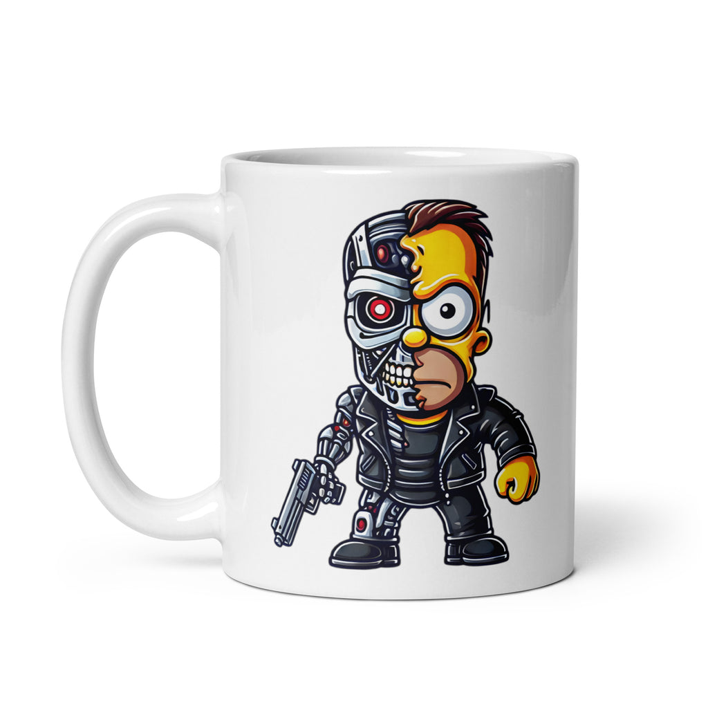 Close-up of the right side of the Homernator Mug (11oz), showcasing Homer Simpson in a Terminator-inspired robotic form, a perfect comedic sci-fi mashup that’s great for memes and collectors, printed on a novelty coffee cup built for fans of retro and futuristic humor.
