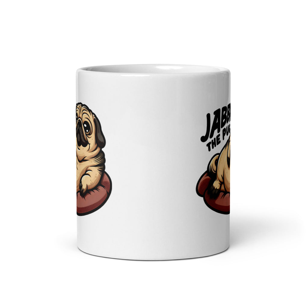 Front view of the Jabba the Pug Mug (11oz), showcasing Jabba the Hutt reimagined as a squishy-faced pug, blending sci-fi royalty with meme-worthy pet humor, printed on a collector’s edition coffee cup for pop culture fans.