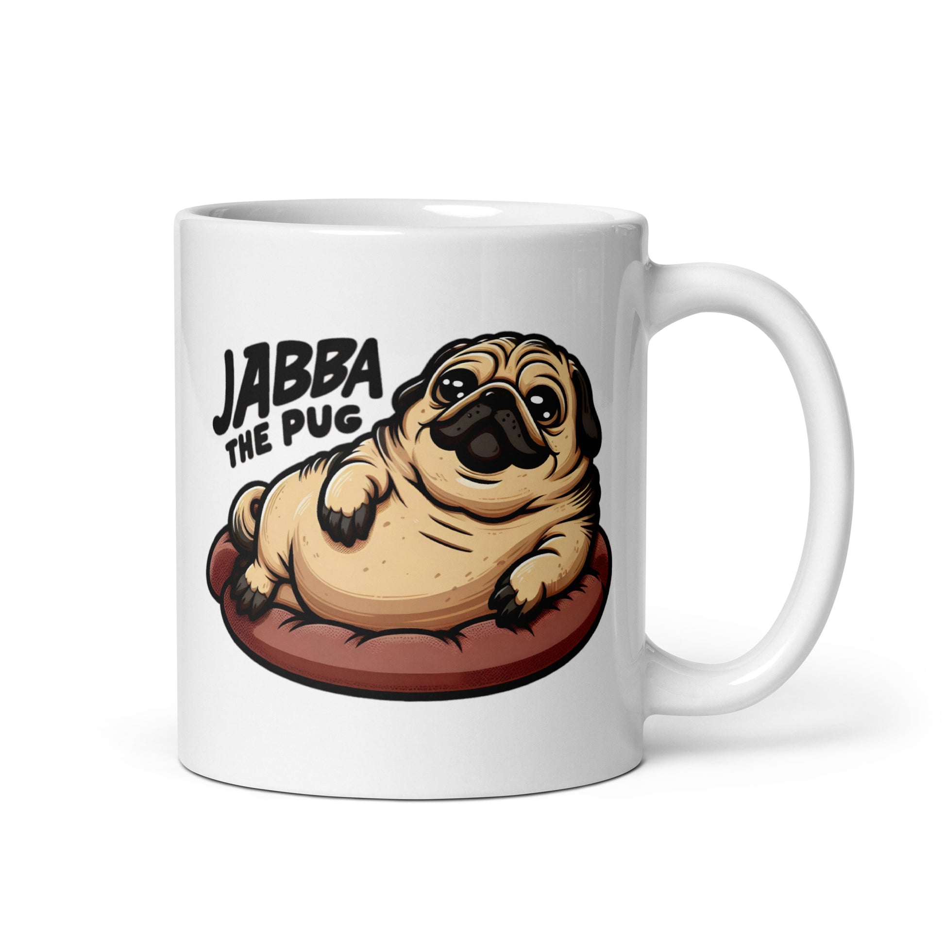 Close-up of the left side of the Jabba the Pug Mug (11oz), featuring a hilarious Star Wars mashup of Jabba the Hutt and a wrinkly pug, printed on a high-quality ceramic coffee cup for sci-fi and pet lovers.