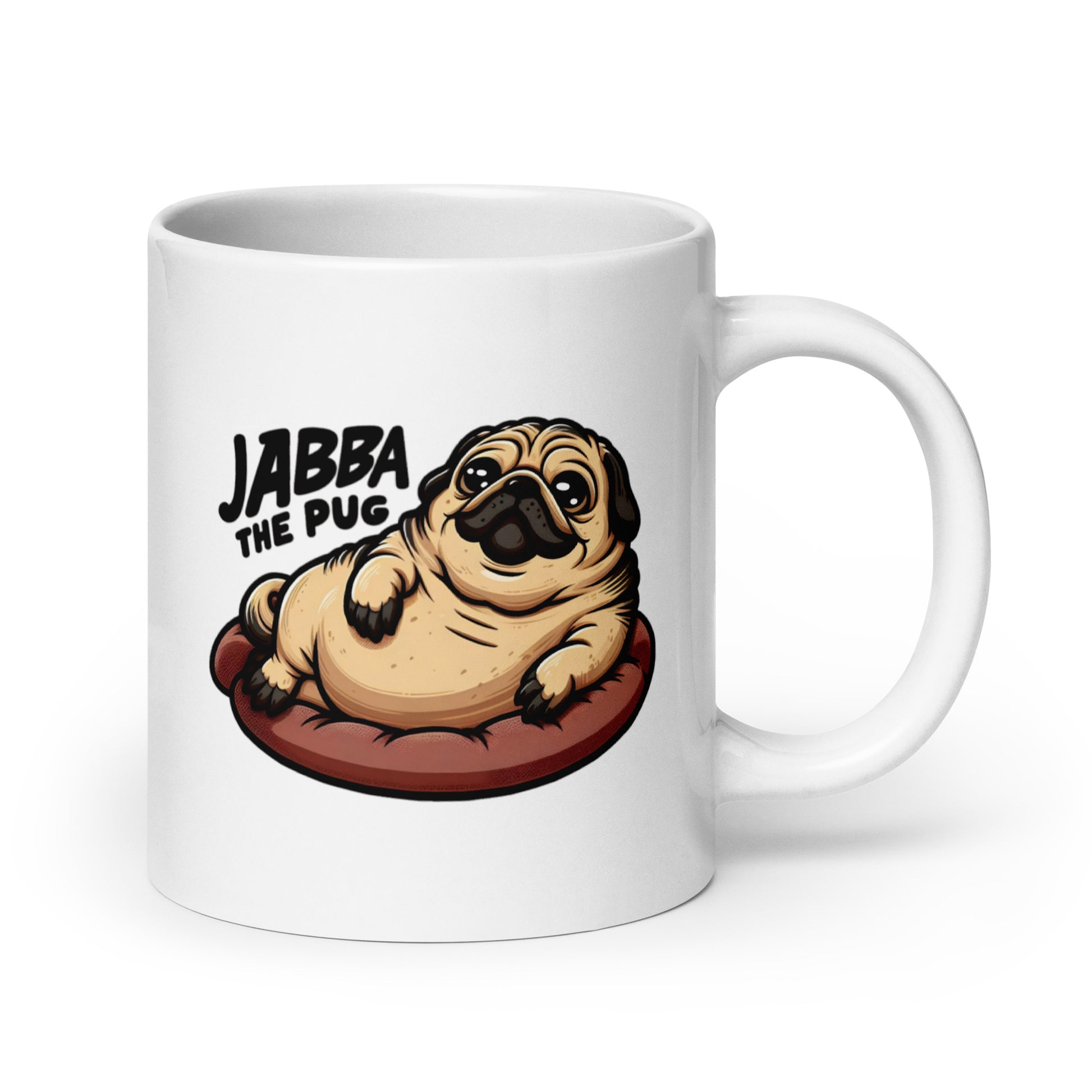 Larger-sized Jabba the Pug Mug (15oz), featuring a pug transformed into Jabba the Hutt, ruling over his galactic snack kingdom, blending sci-fi nostalgia with pet lover humor, printed on high-quality ceramic drinkware for fandom collectors.