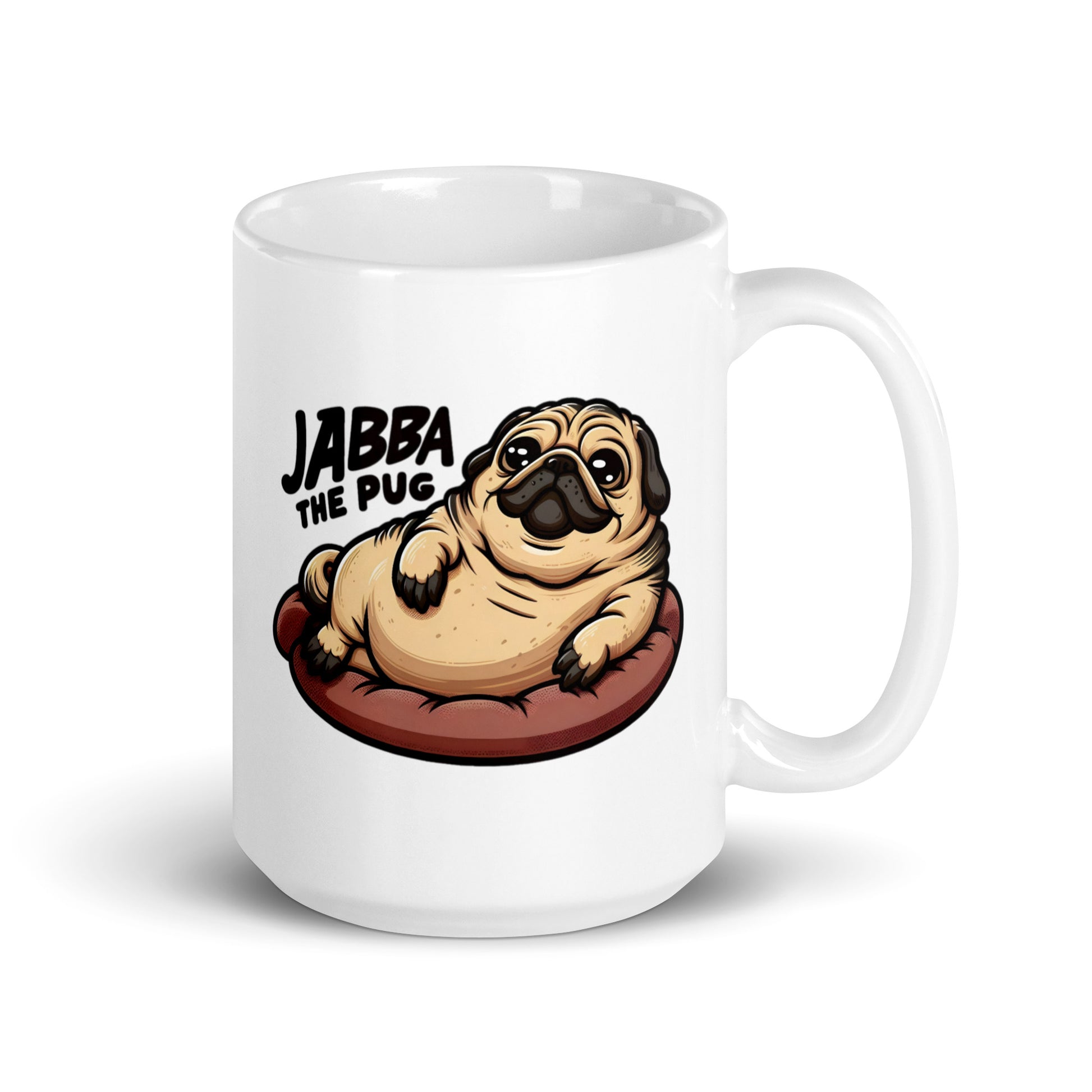 Extra-large Jabba the Pug Mug (20oz), featuring a lazy, regal pug sitting like the great Jabba the Hutt, creating the ultimate meme-worthy crossover for pet and sci-fi fans, printed on an oversized novelty coffee cup for collectors.