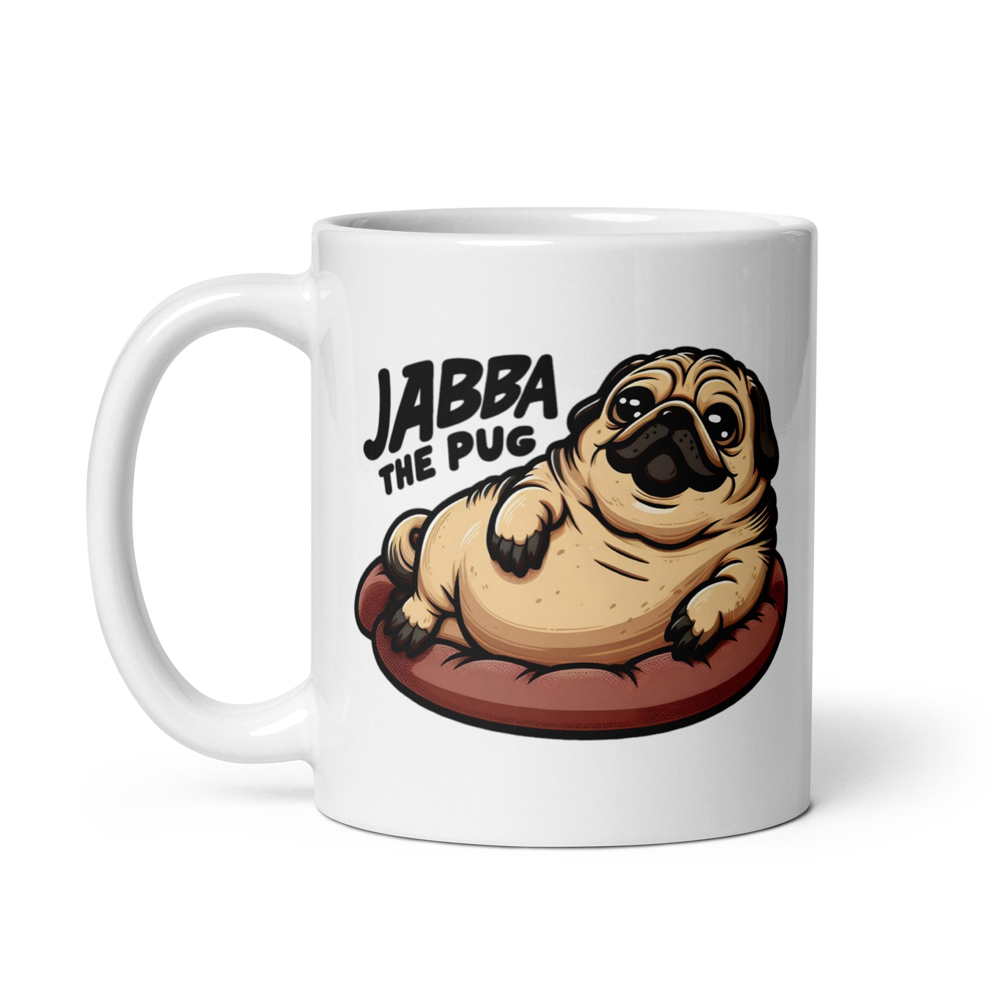Close-up of the right side of the Jabba the Pug Mug (11oz), featuring a chubby, wrinkled pug embodying Jabba the Hutt’s iconic presence, making this the ultimate crossover mashup for memes and sci-fi lovers, printed on a novelty coffee cup for collectors.
