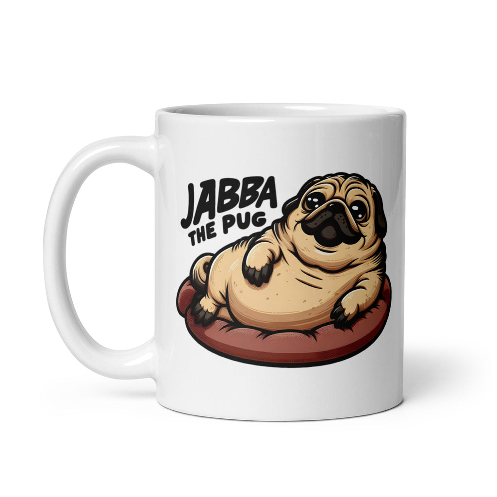 Close-up of the right side of the Jabba the Pug Mug (11oz), featuring a chubby, wrinkled pug embodying Jabba the Hutt’s iconic presence, making this the ultimate crossover mashup for memes and sci-fi lovers, printed on a novelty coffee cup for collectors.