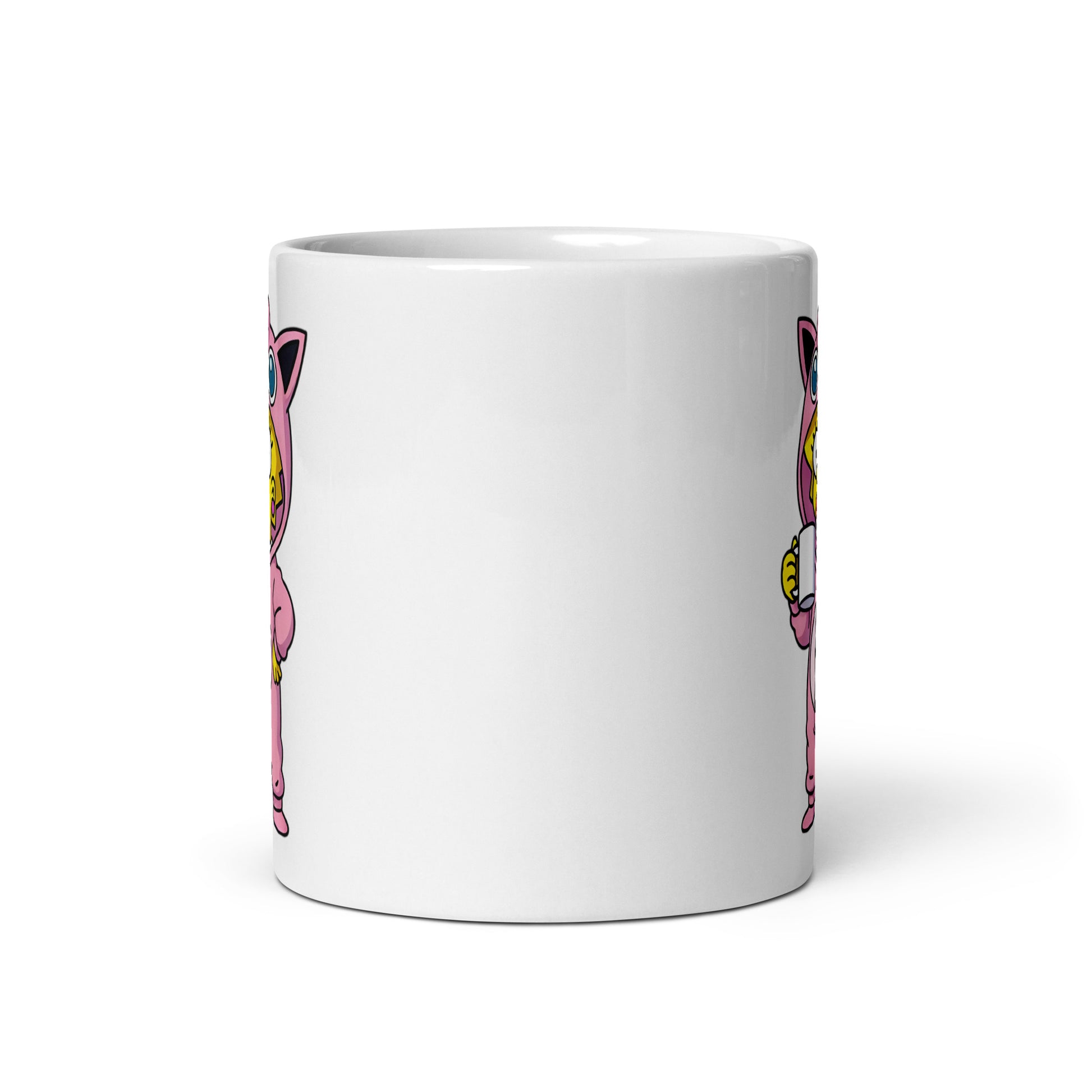 Front view of the Maggipuff Mug (11oz), featuring Maggie Simpson rocking a full Jigglypuff kigurumi, proving that sometimes being cute is also a power move, printed on a novelty coffee cup for lovers of naps and nostalgia.