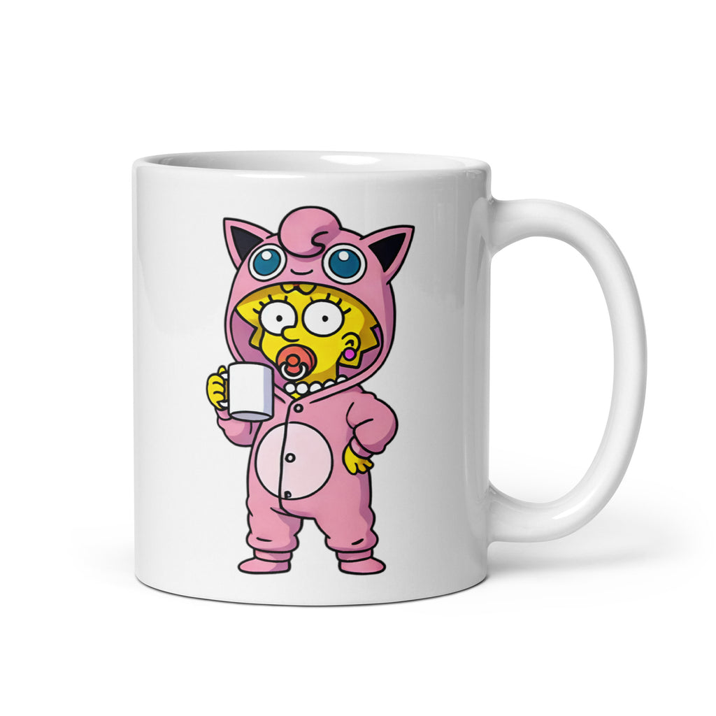 Close-up of the left side of the Maggipuff Mug (11oz), featuring Maggie Simpson dressed in a Jigglypuff kigurumi onesie, printed on a high-quality ceramic coffee cup for Pokémon and animation fans.