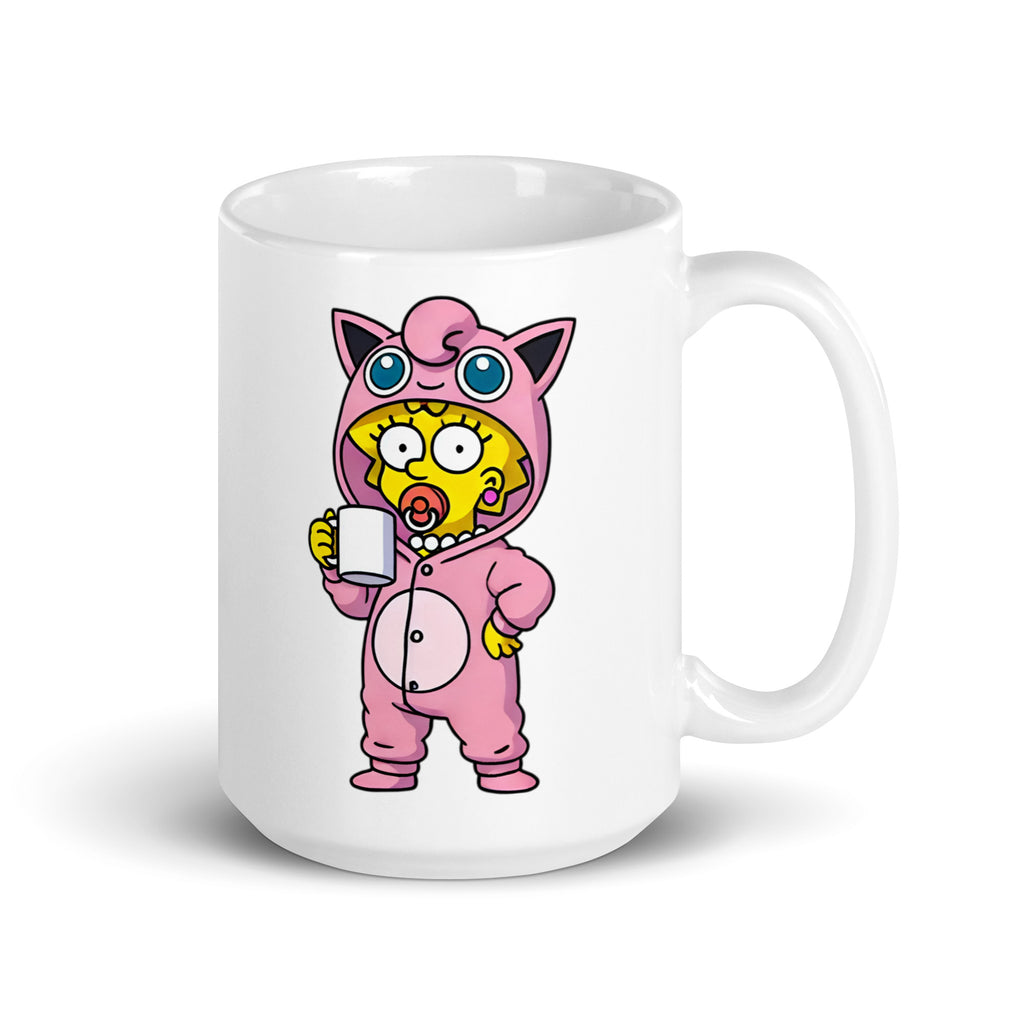 Larger-sized Maggipuff Mug (15oz), featuring Maggie Simpson dressed as Jigglypuff, bringing maximum coziness and mild chaos, printed on high-quality ceramic drinkware for dreamers and pranksters alike.