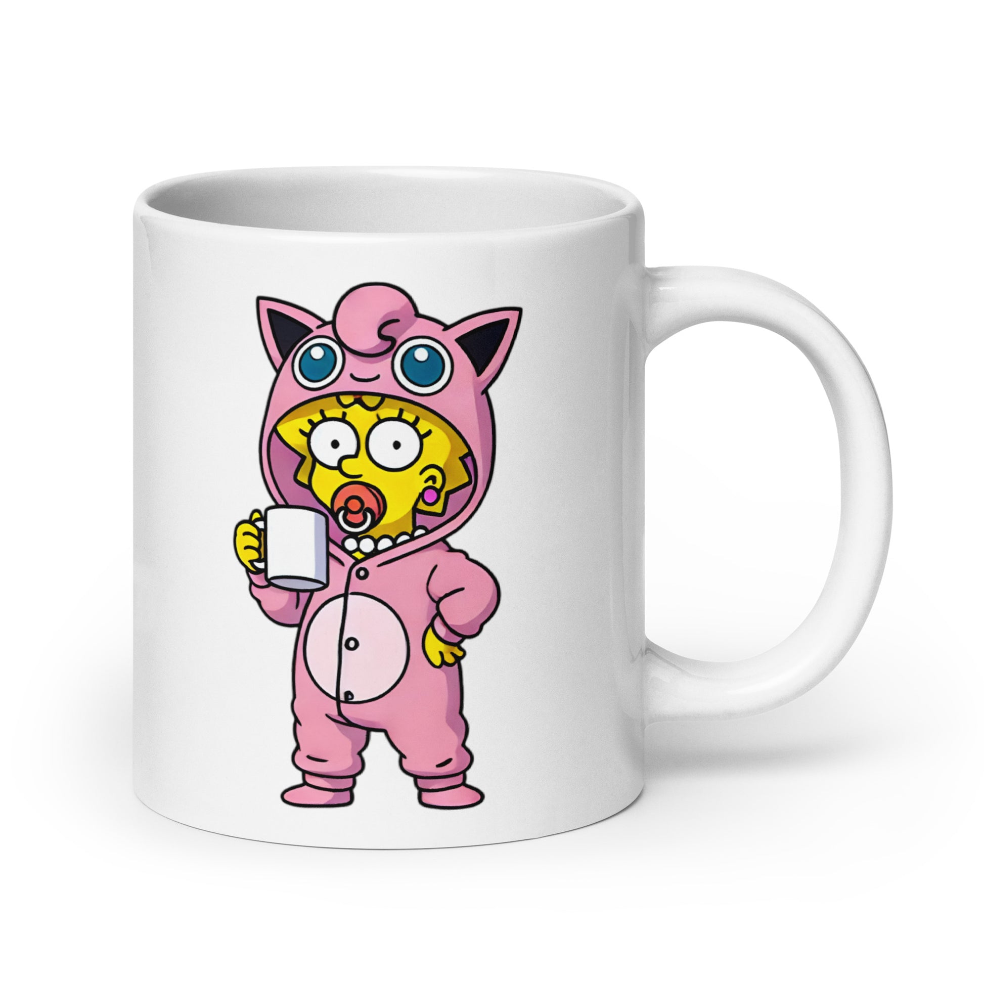 Extra-large Maggipuff Mug (20oz), featuring Maggie Simpson lounging in a Jigglypuff kigurumi onesie, proving that sometimes the cutest characters are also the most mischievous, printed on an oversized novelty coffee cup for meme lovers and sleep enthusiasts.