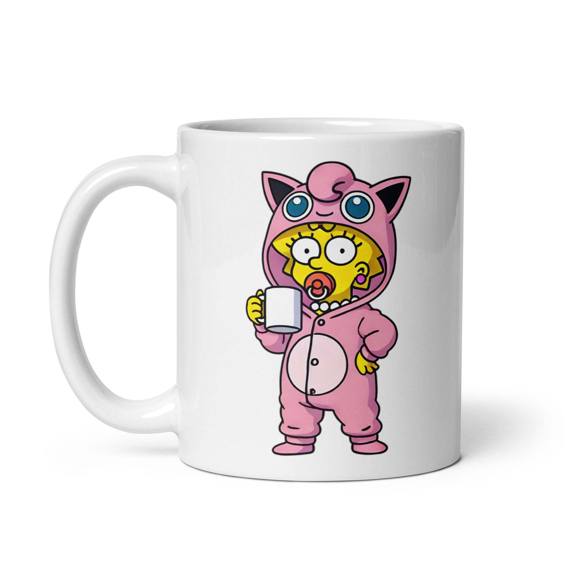 Alt Text: Close-up of the right side of the Maggipuff Mug (11oz), showcasing Maggie Simpson in full Jigglypuff onesie mode, blending Pokémon aesthetics with animated mischief, printed on a meme-worthy coffee cup.