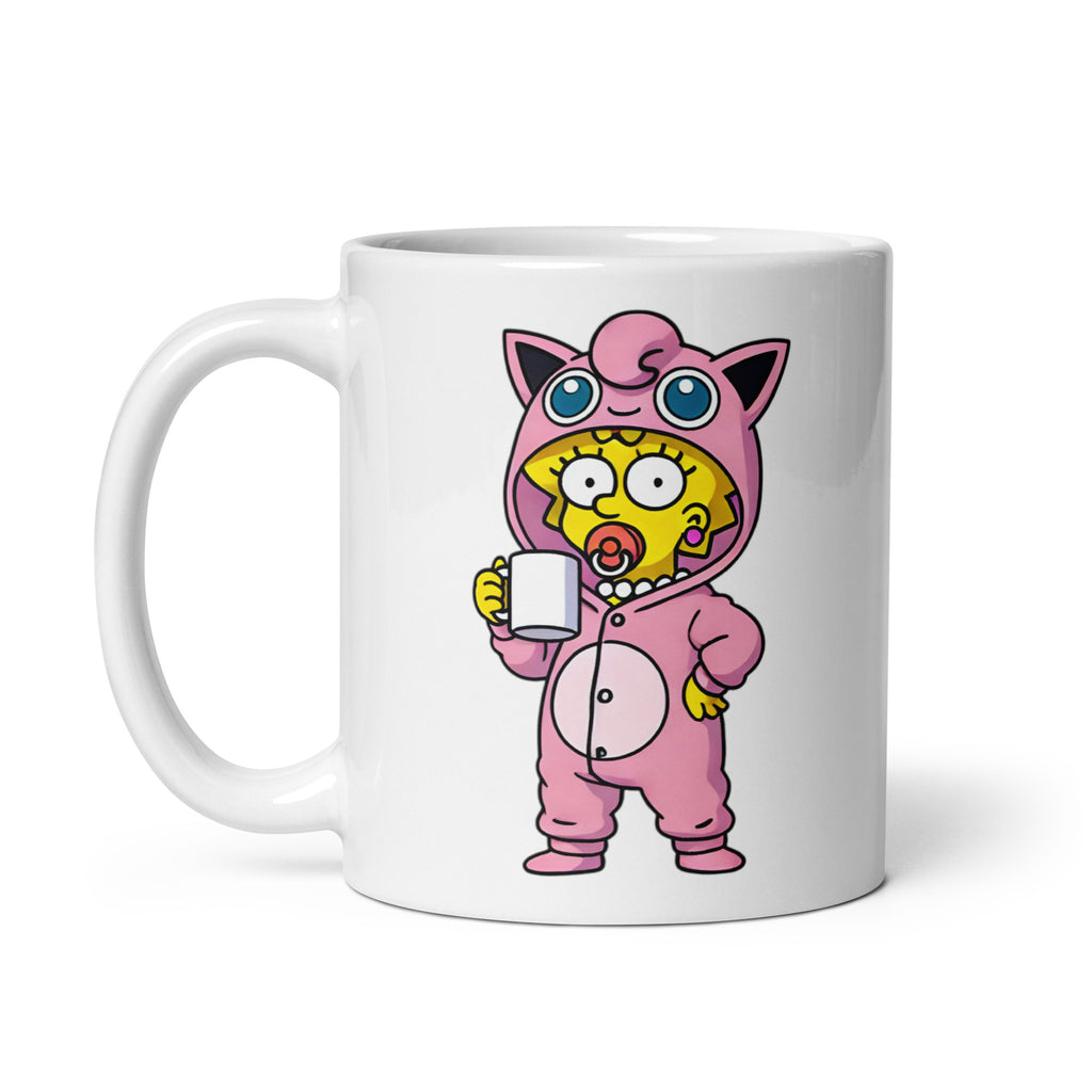 Alt Text: Close-up of the right side of the Maggipuff Mug (11oz), showcasing Maggie Simpson in full Jigglypuff onesie mode, blending Pokémon aesthetics with animated mischief, printed on a meme-worthy coffee cup.