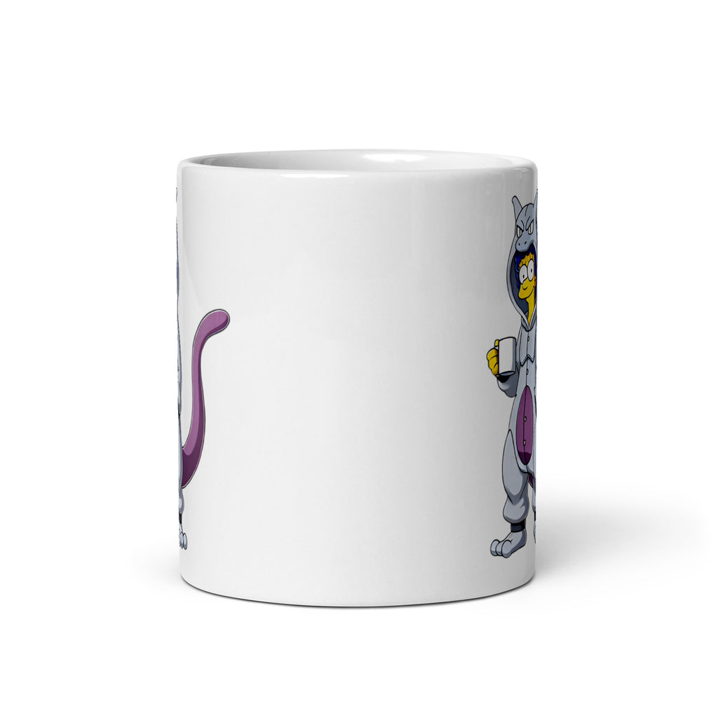 Front view of the MargeMew Mug (11oz), featuring Marge rocking a full Mewtwo kigurumi, proving that sometimes being an all-powerful psychic-type is a lifestyle choice, printed on a novelty coffee cup for lovers of naps and nostalgia.