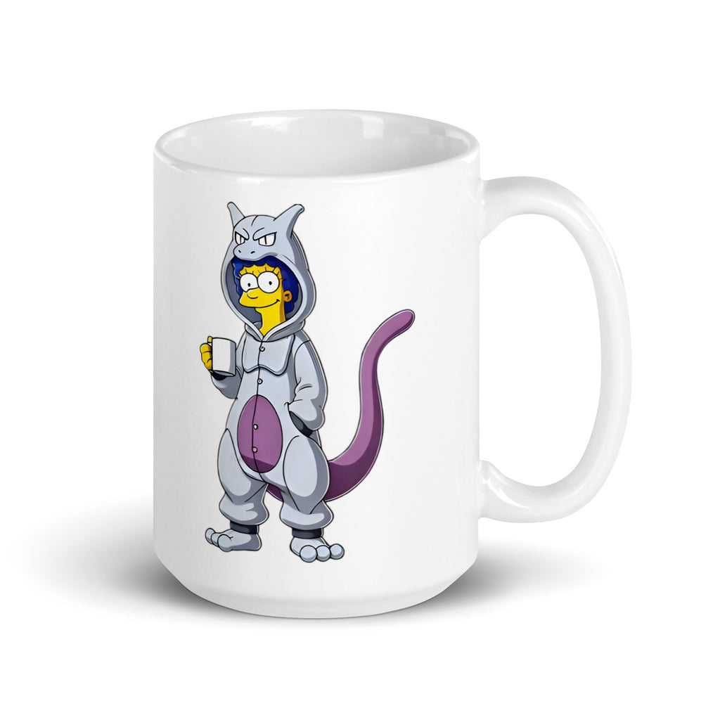 Larger-sized MargeMew Mug (15oz), featuring Marge dressed as Mewtwo, bringing maximum psychic energy and dramatic flair, printed on high-quality ceramic drinkware for deep thinkers and meme lovers.