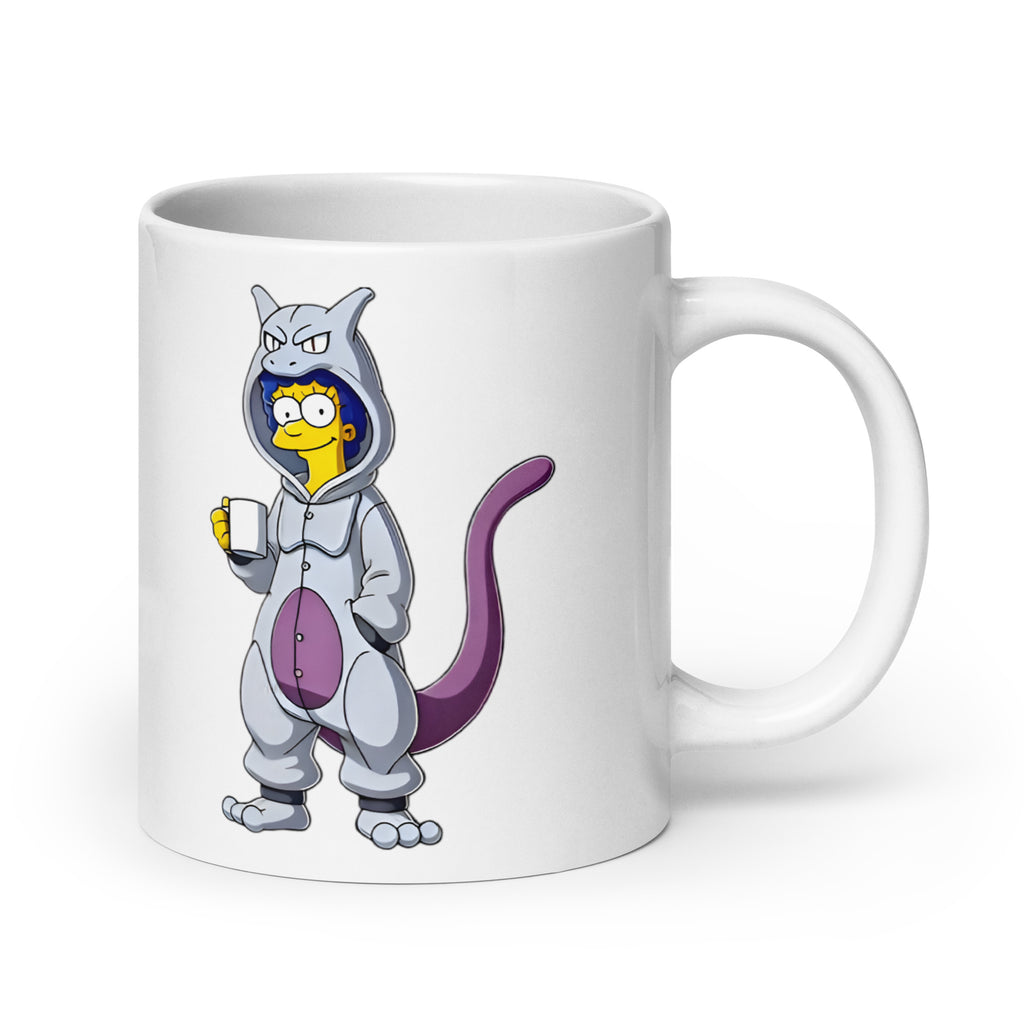 Extra-large MargeMew Mug (20oz), featuring Marge lounging in a Mewtwo kigurumi onesie, proving that sometimes the most powerful characters are also the most dramatic, printed on an oversized novelty coffee cup for meme lovers and existential enthusiasts.