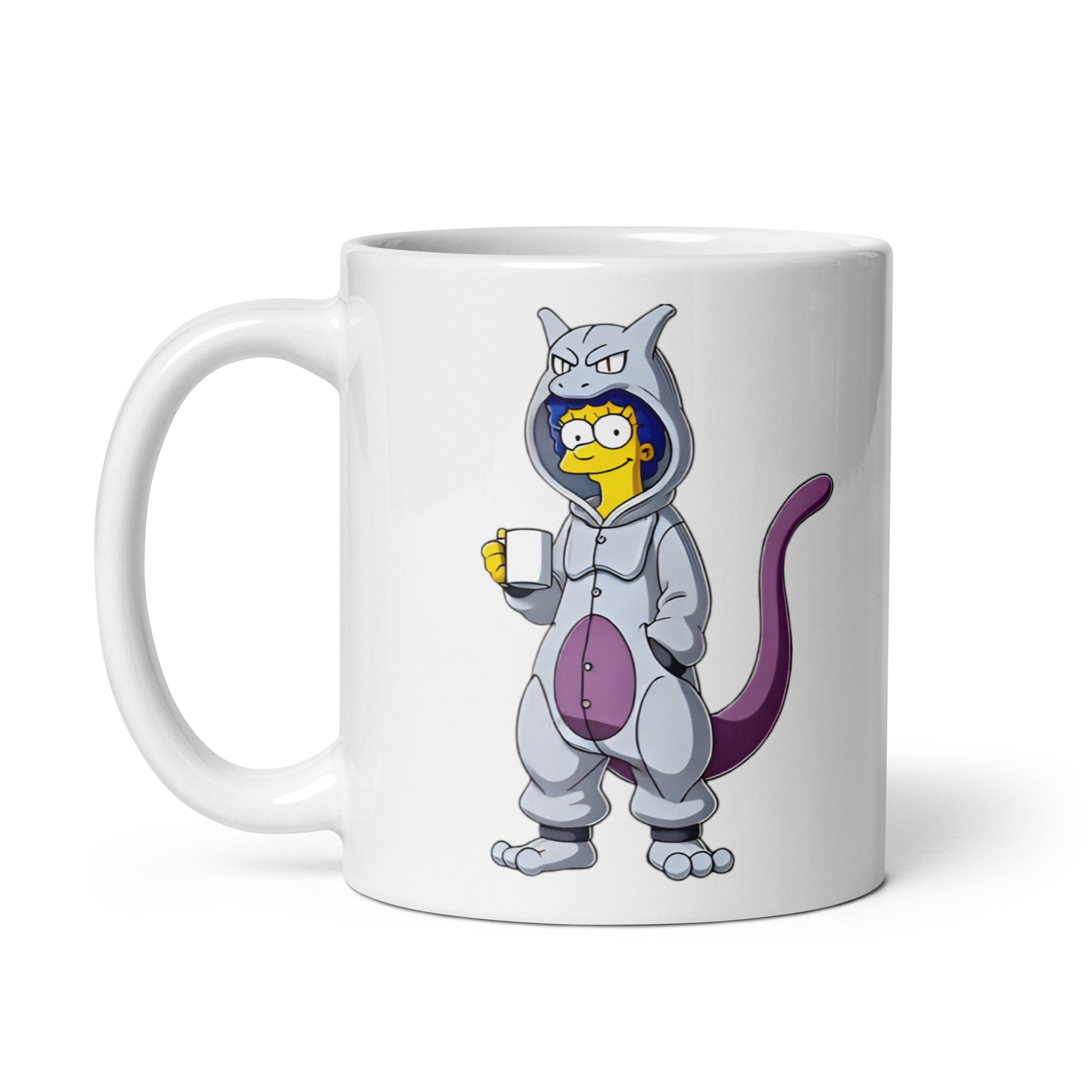 Close-up of the right side of the MargeMew Mug (11oz), showcasing Marge in full Mewtwo onesie mode, blending Pokémon aesthetics with animated psychic energy, printed on a meme-worthy coffee cup.
