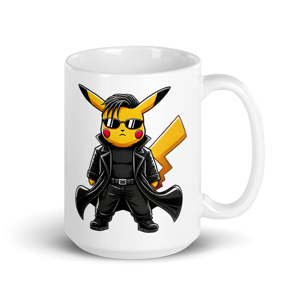 15oz Pikachu Matrix meme mug – funny ceramic coffee cup with handle on right, perfect for cool anime fans