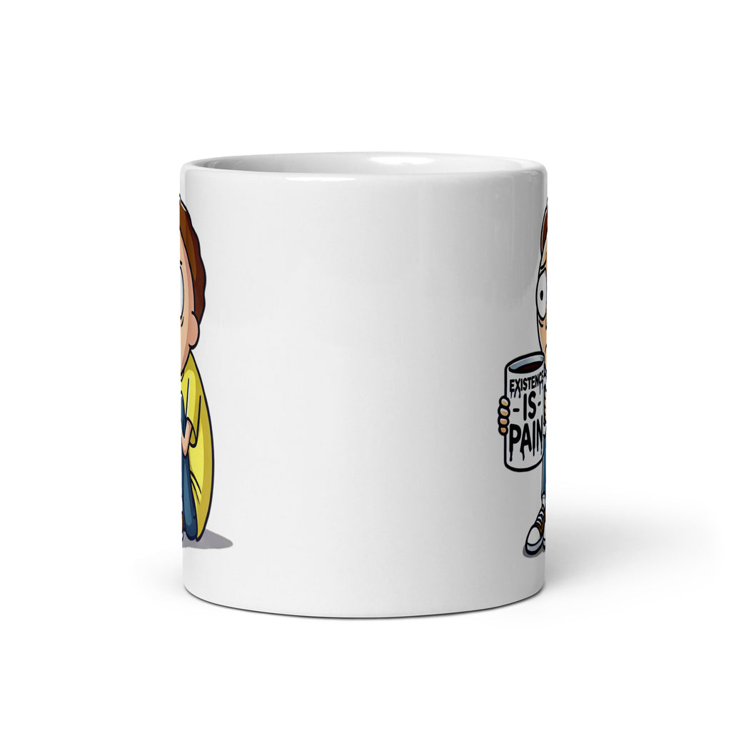 Front view of the Morty "Existence Is Pain" Mug (11oz), showcasing Morty clutching his coffee in panic, perfectly embodying existential horror, printed on a collector’s edition sci-fi coffee cup for pop culture fans.