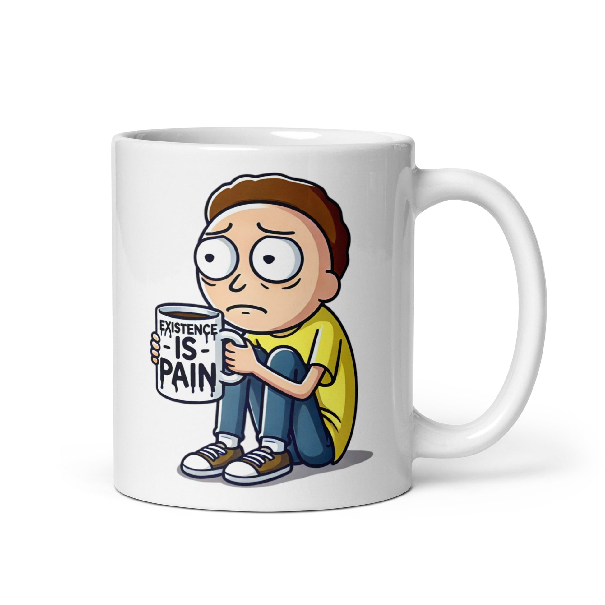 Close-up of the left side of the Morty "Existence Is Pain" Mug (11oz), featuring Morty from Rick and Morty sitting in existential dread, holding a coffee mug that says "Existence Is Pain", printed on a high-quality ceramic cup for sci-fi and meme fans.
