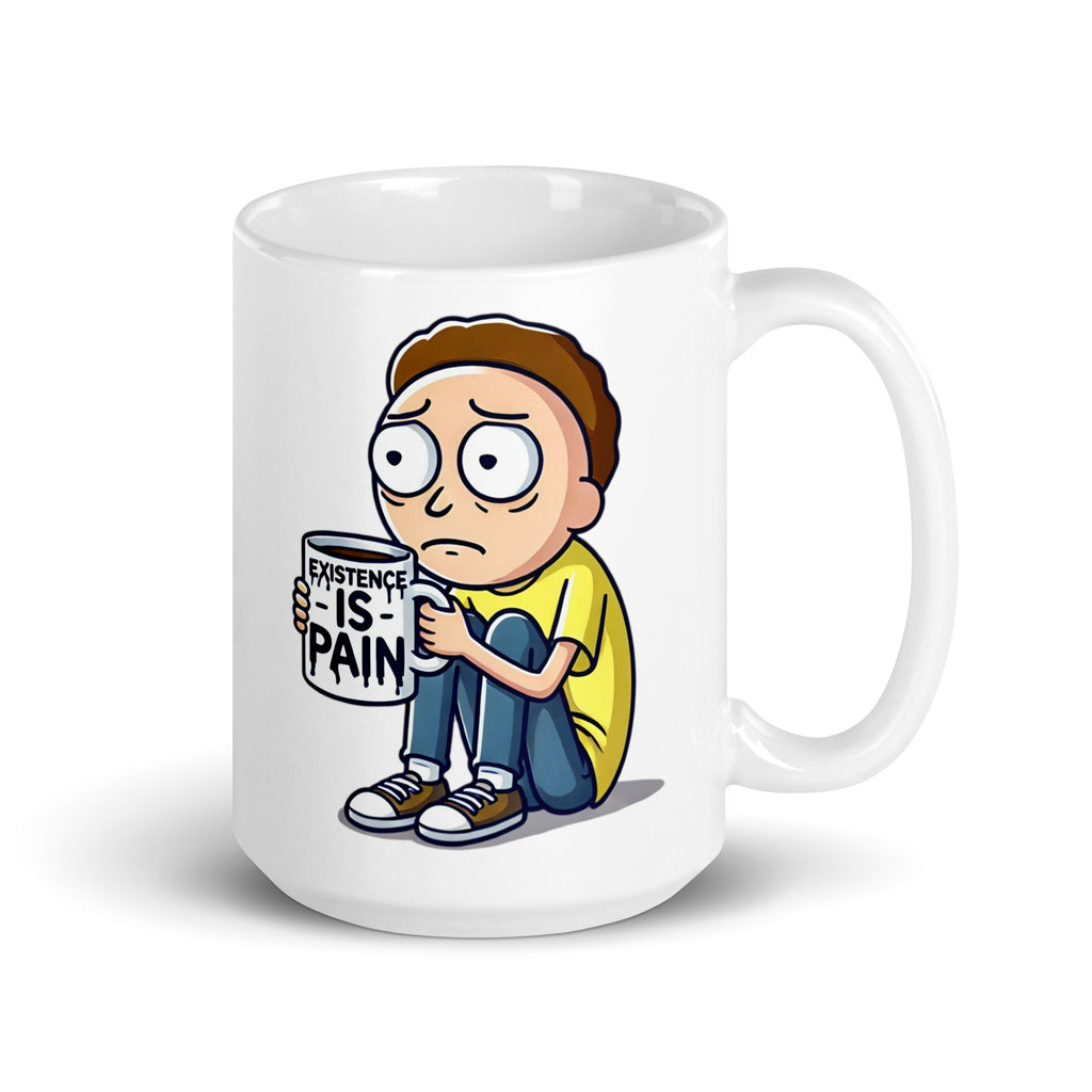 Larger-sized Morty "Existence Is Pain" Mug (15oz), featuring Morty from Rick and Morty locked in existential horror, holding a coffee mug that reflects his reality, blending dark humor and sci-fi chaos, printed on high-quality ceramic drinkware for collectors.