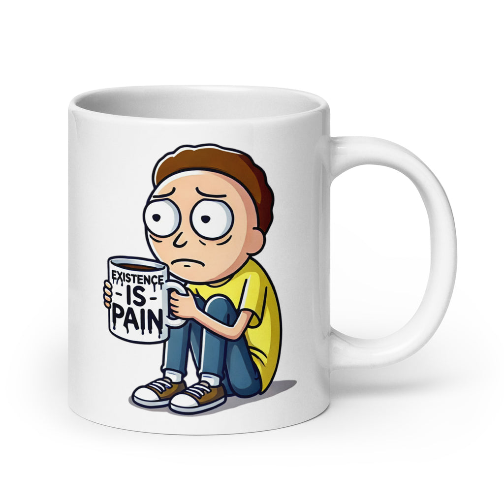 Extra-large Morty "Existence Is Pain" Mug (20oz), featuring Morty clutching his coffee mug in a moment of pure existential panic, turning this sci-fi meme mashup into the perfect collectible, printed on an oversized novelty coffee cup for fans of dark humor and interdimensional chaos.