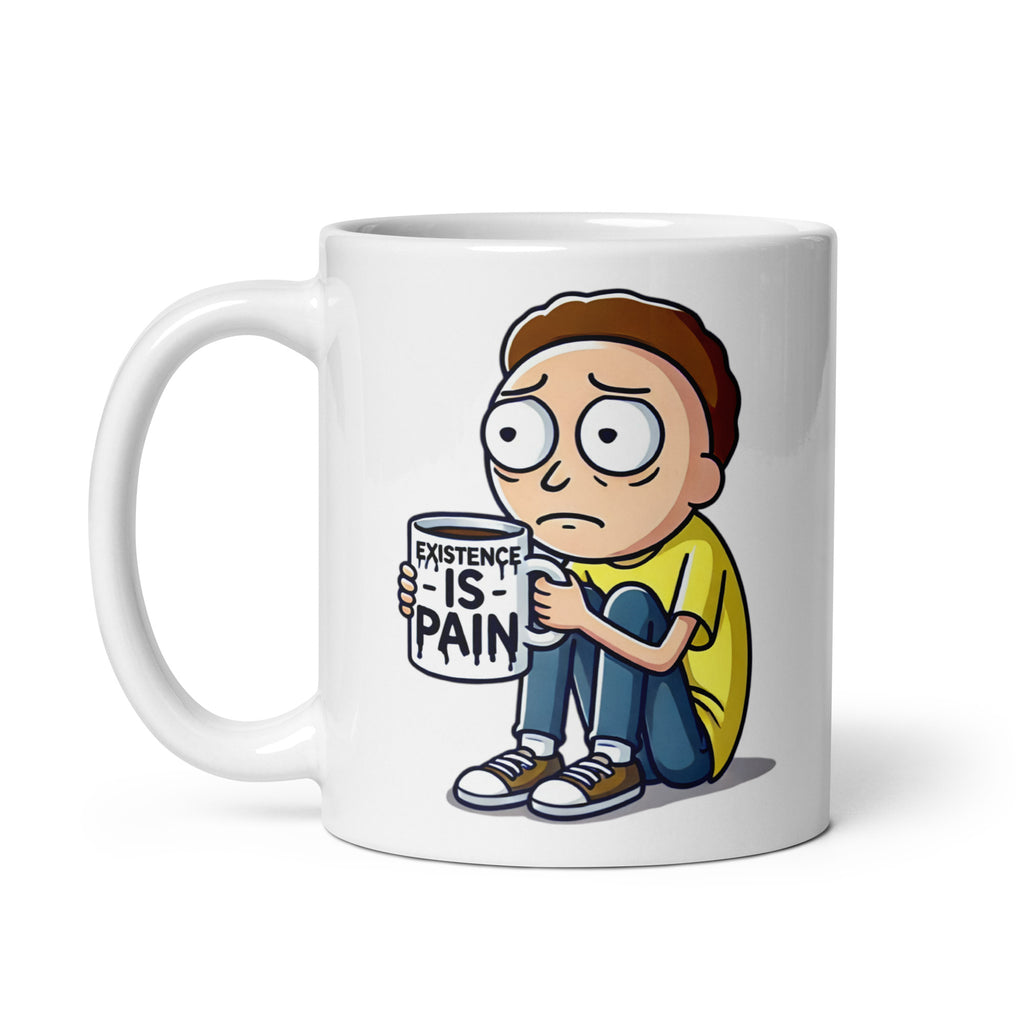 Close-up of the right side of the Morty "Existence Is Pain" Mug (11oz), featuring Morty nervously gripping his coffee mug as reality crashes around him, making this the ultimate sci-fi meme crossover for deep thinkers and meme lovers, printed on a novelty coffee cup for Rick and Morty fans.