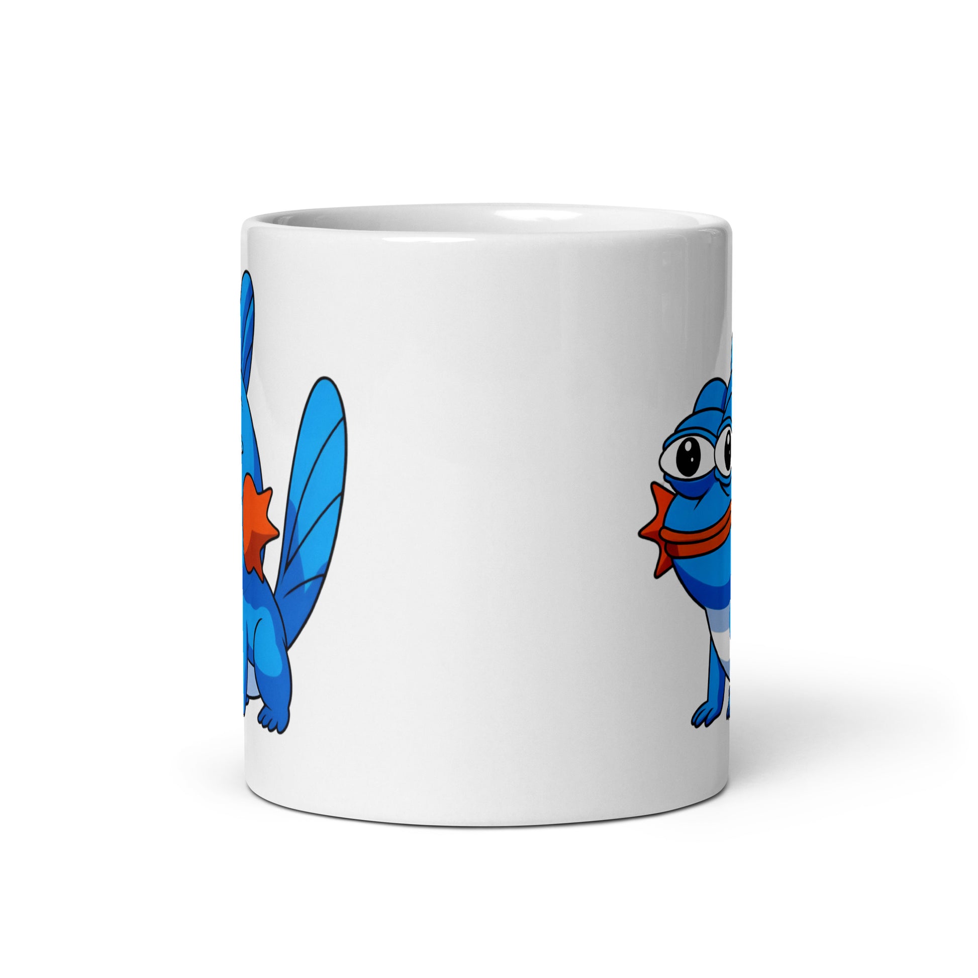 11oz mug showcasing MudFrog, the fusion of Mudkip and Pepe, front view with glimpses of the design on both sides.