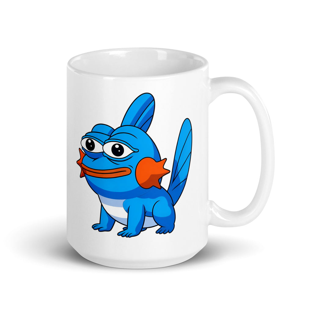 15oz mug featuring MudFrog, blending Mudkip’s water energy with Pepe’s meme-fueled emotional instability, handle on the right.