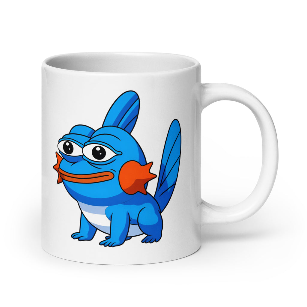 20oz mug with the unmistakable MudFrog fusion, Mudkip meets Pepe in the most unsettling crossover imaginable, handle on the right.