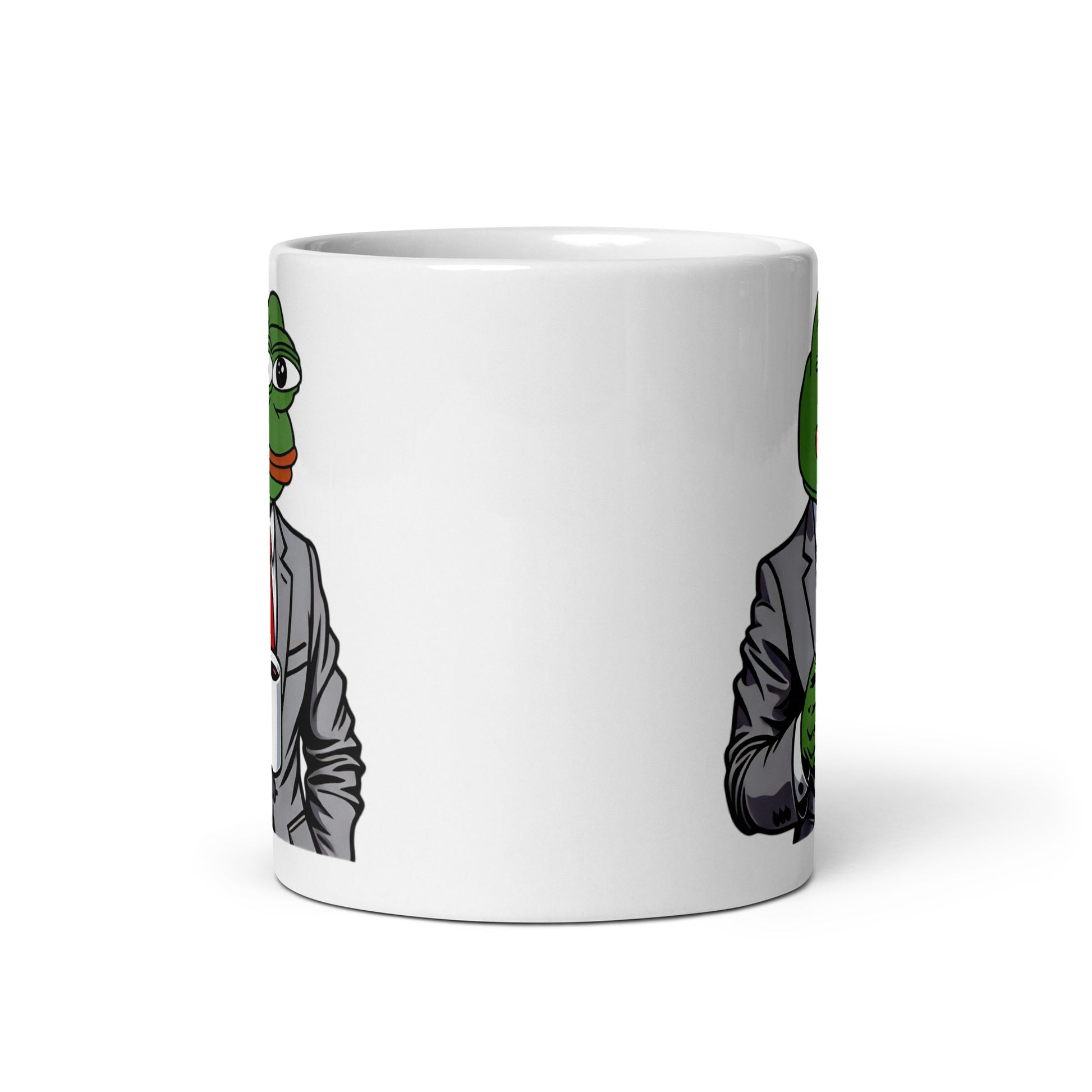 Front view of the Pepe the Frog Businessman Mug (11oz), showcasing Pepe in full entrepreneur mode, suited up for meme-worthy success, printed on a collector’s edition coffee cup for professionals and meme lovers alike.