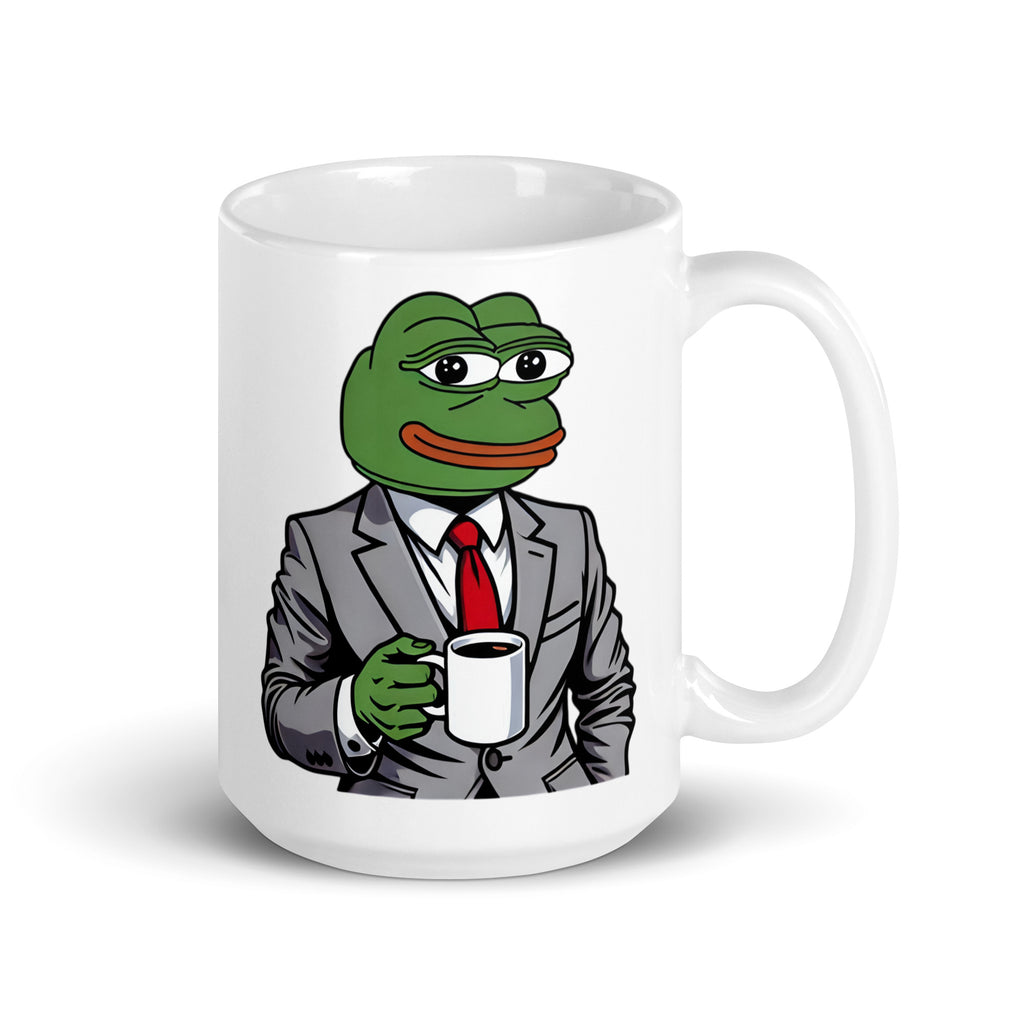 Larger-sized Pepe the Frog Businessman Mug (15oz), featuring Pepe in a sleek business suit, effortlessly balancing work and meme culture, printed on high-quality ceramic drinkware for professionals who appreciate internet humor.