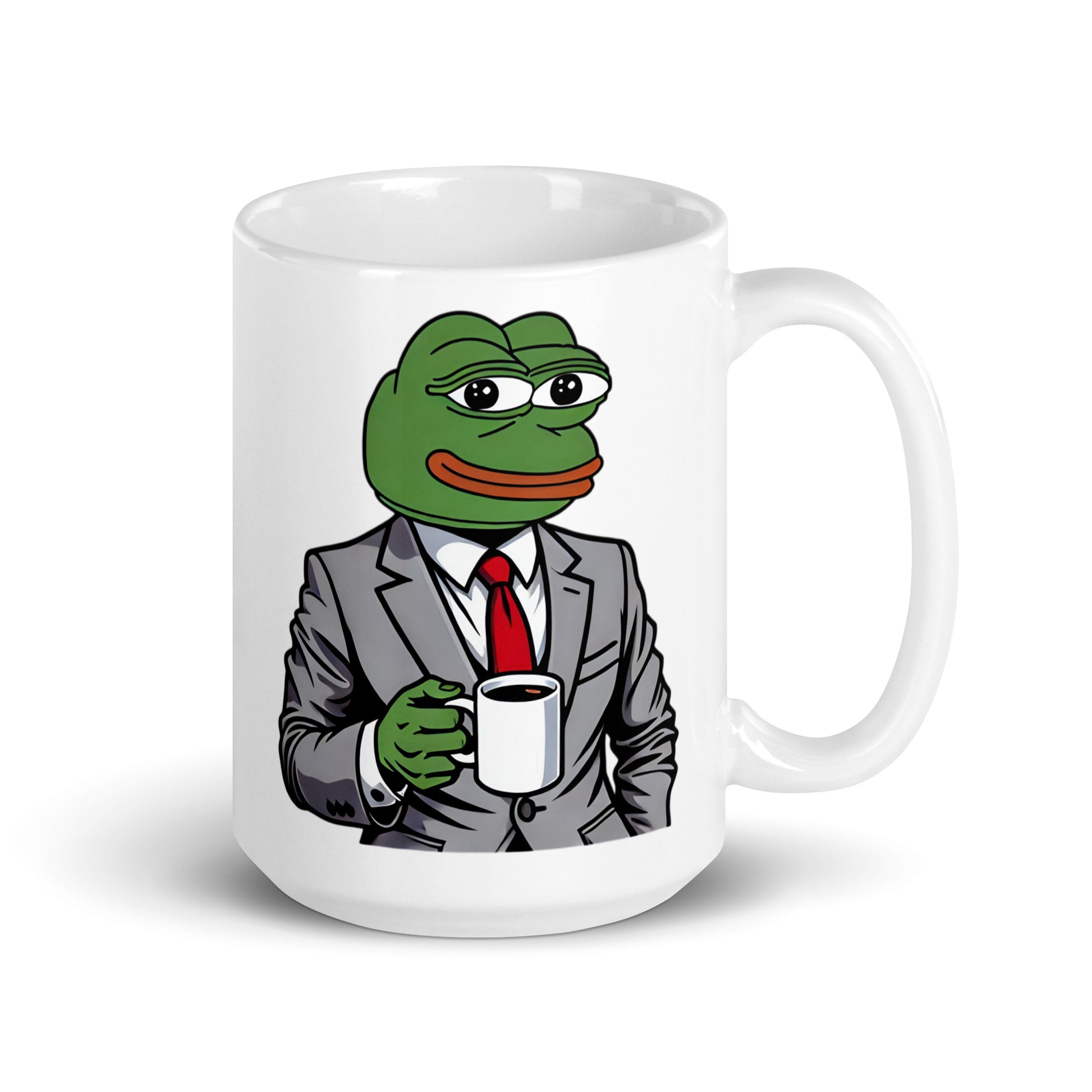 Larger-sized Pepe the Frog Businessman Mug (15oz), featuring Pepe in a sleek business suit, effortlessly balancing work and meme culture, printed on high-quality ceramic drinkware for professionals who appreciate internet humor.