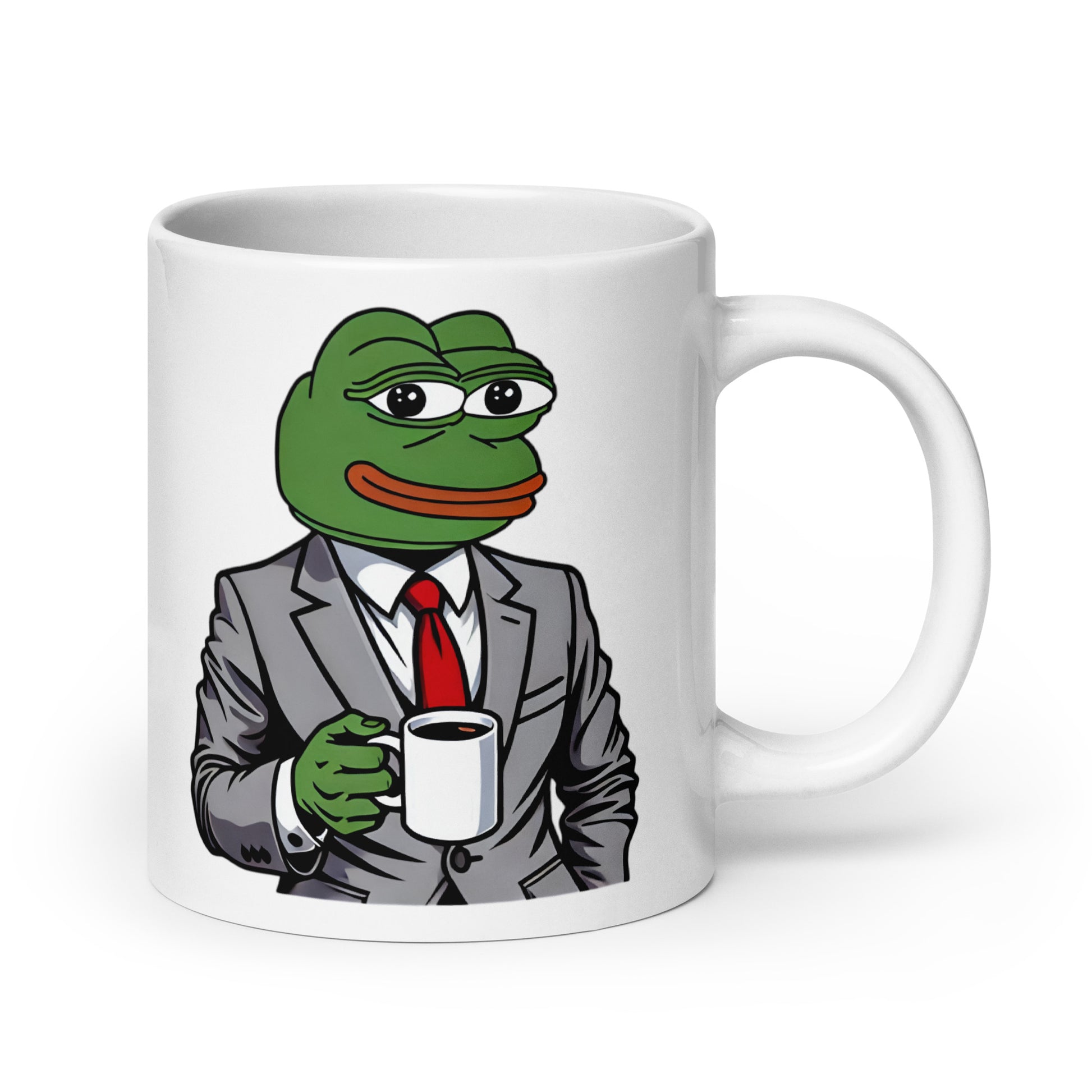 Extra-large Pepe the Frog Businessman Mug (20oz), featuring Pepe dressed for success, sipping coffee with undeniable meme-worthy confidence, creating the perfect collectible for business-savvy meme lovers, printed on an oversized novelty coffee cup for entrepreneurs and internet icons.