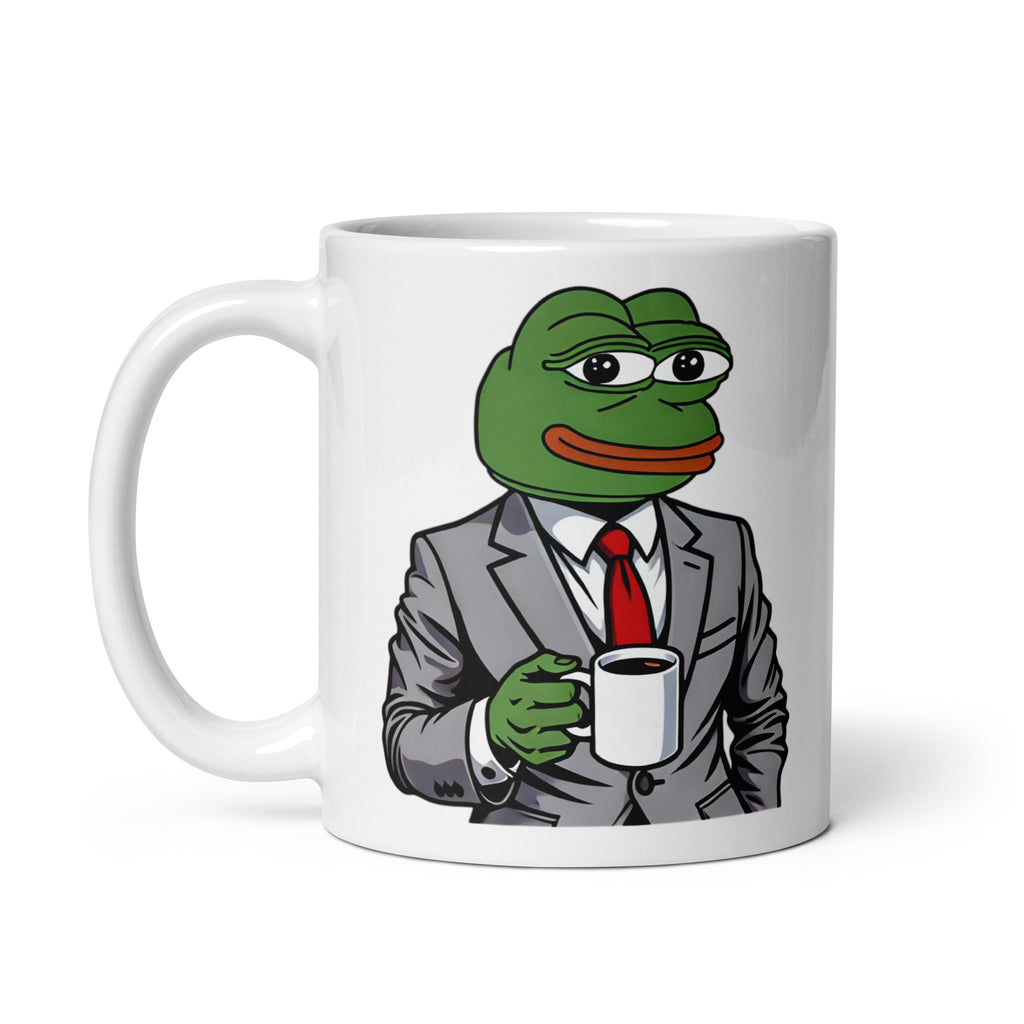 Close-up of the right side of the Pepe the Frog Businessman Mug (11oz), featuring Pepe channeling corporate ambition with a perfectly tailored suit, blending business professionalism with meme culture, printed on a novelty coffee cup built for collectors and internet icons.