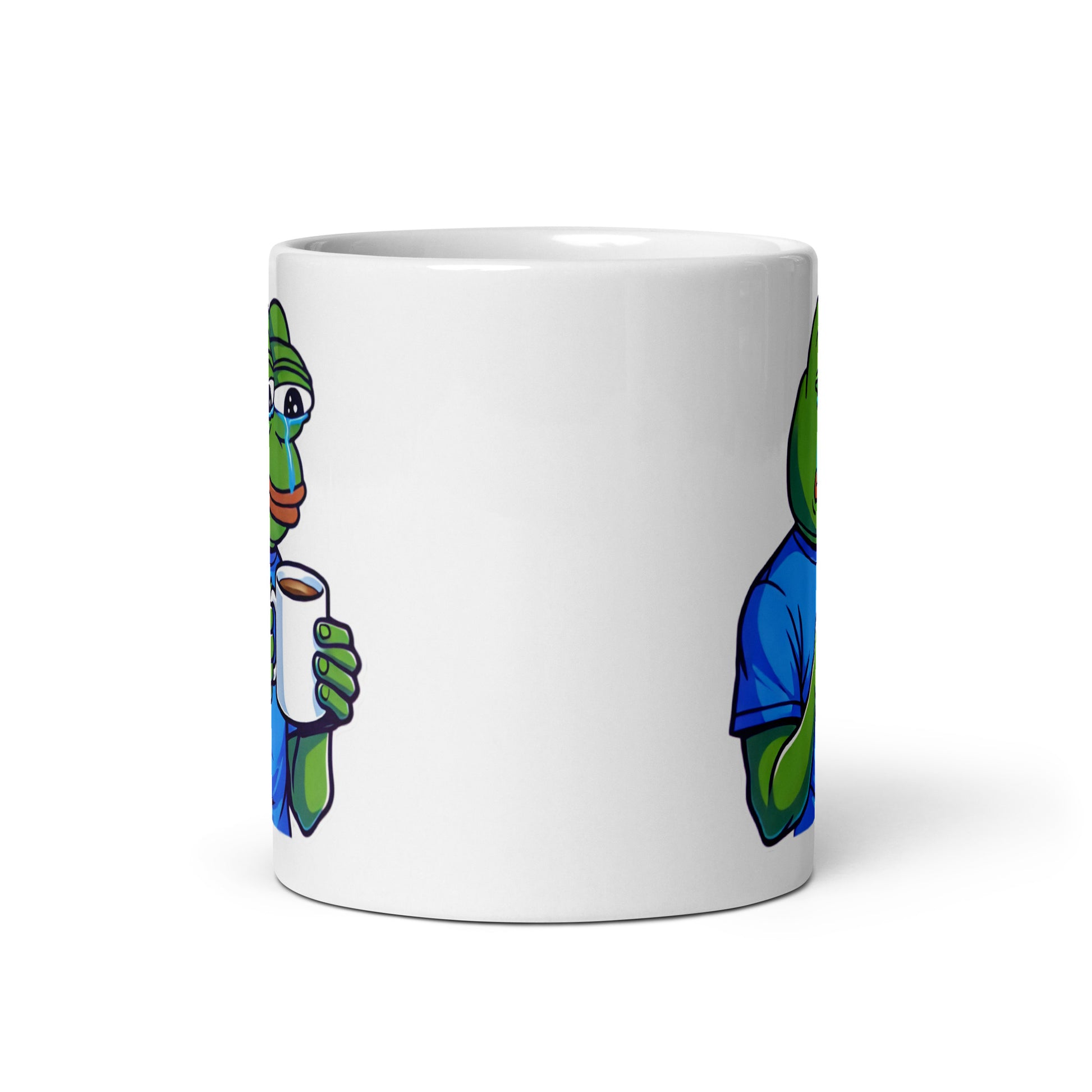Front view of the Pepe the Frog Crying Mug (11oz), showcasing Pepe clutching a white mug, visibly tearful and deep in thought, blending internet meme culture with relatable humor, printed on a collector’s edition coffee cup for pop culture fans.