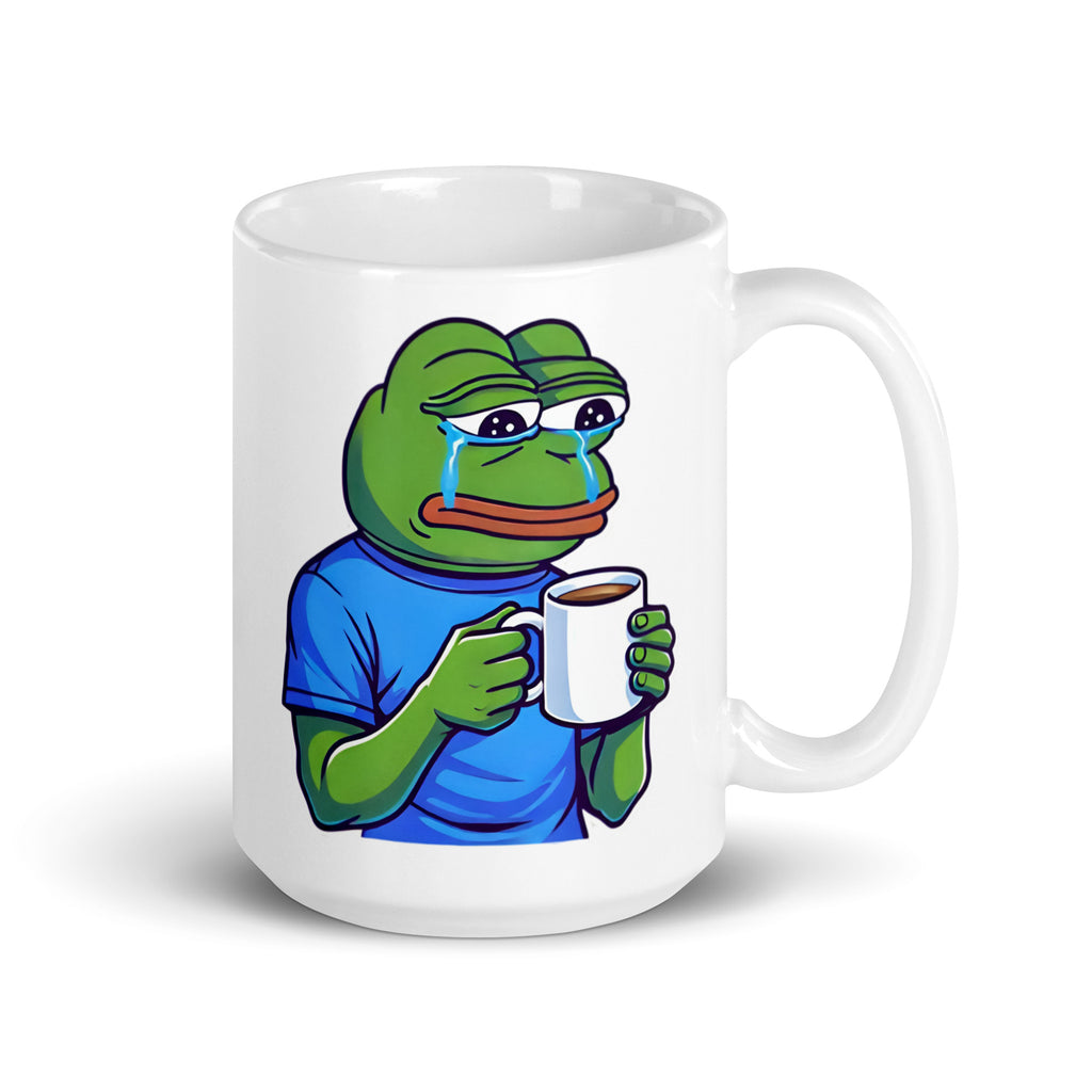 Larger-sized Pepe the Frog Crying Mug (15oz), featuring Pepe staring into his coffee mug with tired, tear-filled eyes, blending internet meme nostalgia with emotional realness, printed on high-quality ceramic drinkware for fans of deep, meme-worthy moments.