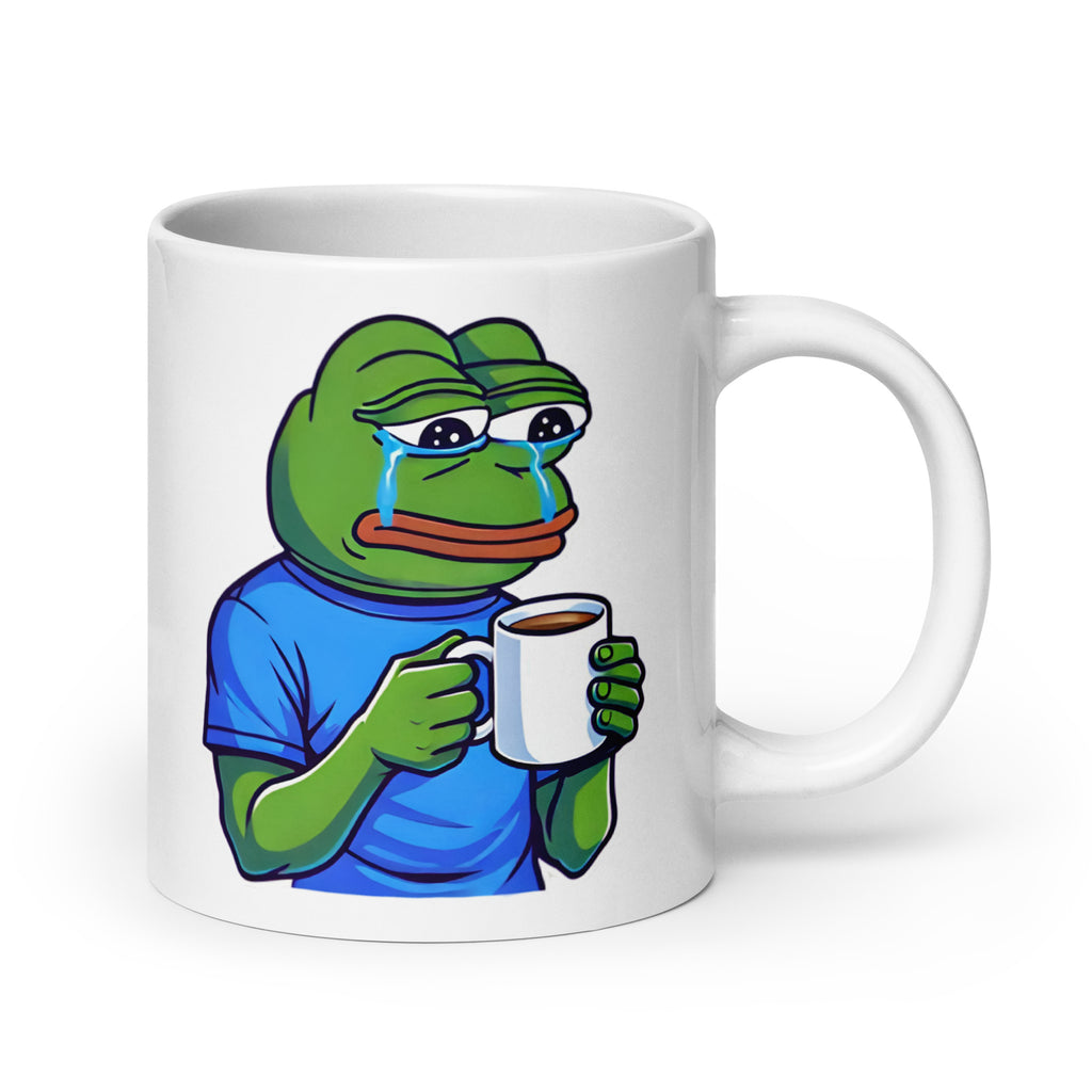 Extra-large Pepe the Frog Crying Mug (20oz), featuring Pepe sitting in quiet despair, sipping coffee while contemplating life, turning this highly relatable meme moment into the perfect collectible, printed on an oversized novelty coffee cup for fans of emotional honesty and internet culture.