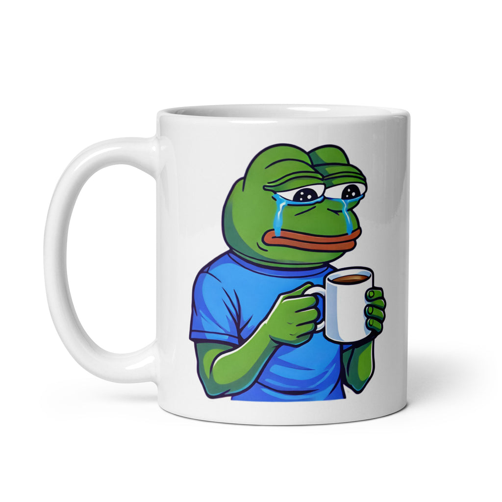 Close-up of the right side of the Pepe the Frog Crying Mug (11oz), featuring Pepe sitting in quiet sadness, holding onto his coffee mug like it’s his only source of comfort, making this the ultimate meme-inspired drinkware for relatable humor fans, printed on a novelty coffee cup for collectors.