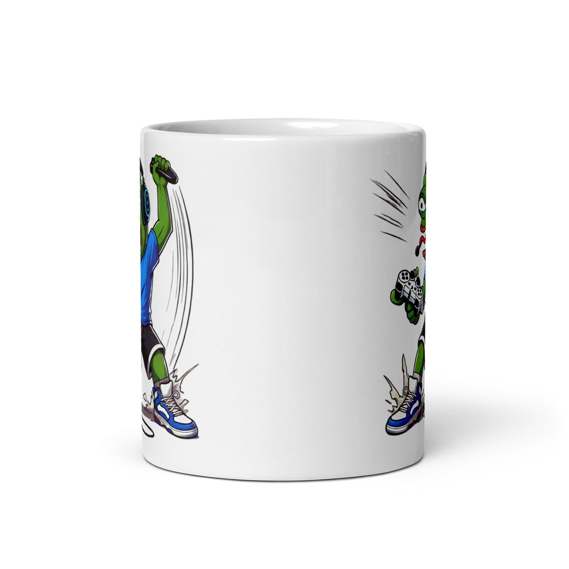 Front view of the Pepe the Frog Rage Quit Mug (11oz), showcasing Pepe losing it over another failed attempt, clutching his coffee mug as if it’s his only lifeline, printed on a collector’s edition gaming coffee cup for competitive players and meme fans.