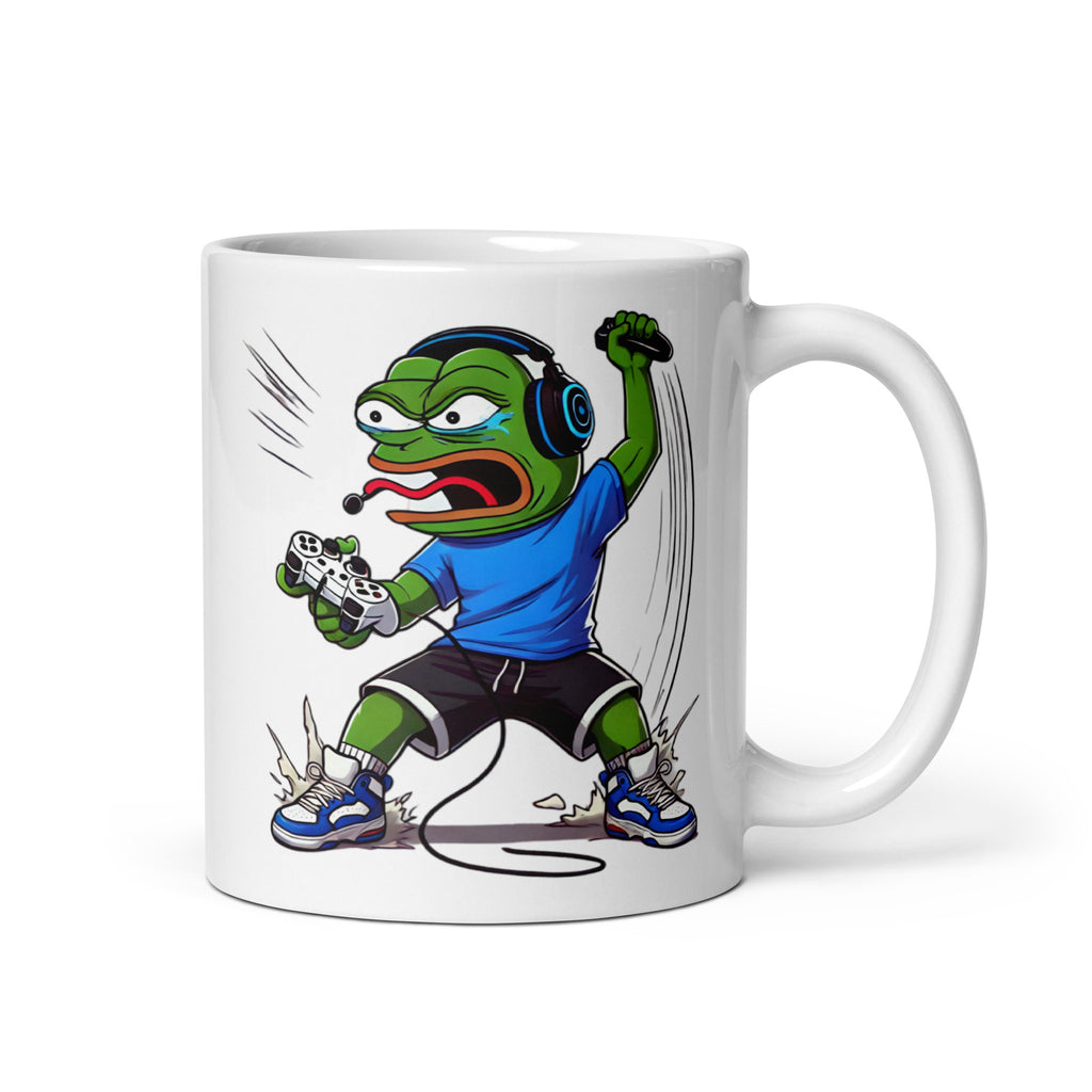 Close-up of the left side of the Pepe the Frog Rage Quit Mug (11oz), featuring Pepe mid-rage quit, gripping his coffee mug while radiating pure gamer frustration, printed on a high-quality ceramic coffee cup for meme lovers and gamers.