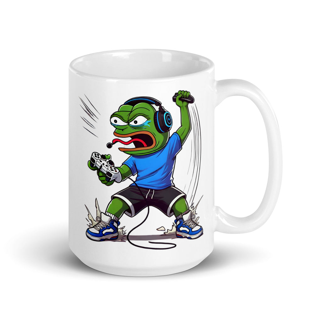 Larger-sized Pepe the Frog Rage Quit Mug (15oz), featuring Pepe raging in frustration, holding onto his coffee like it’s the only thing keeping him together, blending gaming struggle with meme-worthy humor, printed on high-quality ceramic drinkware for competitive players.