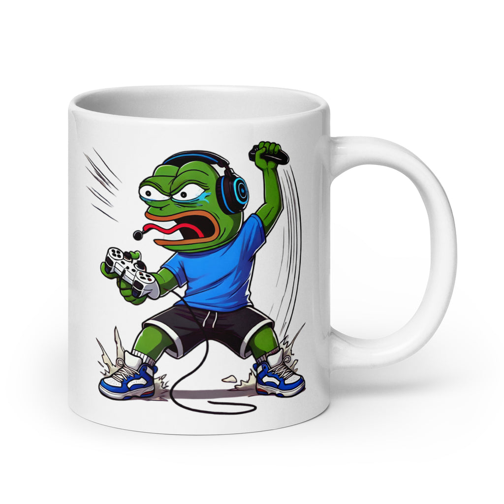 Extra-large Pepe the Frog Rage Quit Mug (20oz), featuring Pepe staring into the abyss, gripping his coffee as if caffeine alone can save him from his latest gaming disaster, turning this highly relatable meme moment into the perfect collectible, printed on an oversized novelty coffee cup for hardcore gamers and meme fans.
