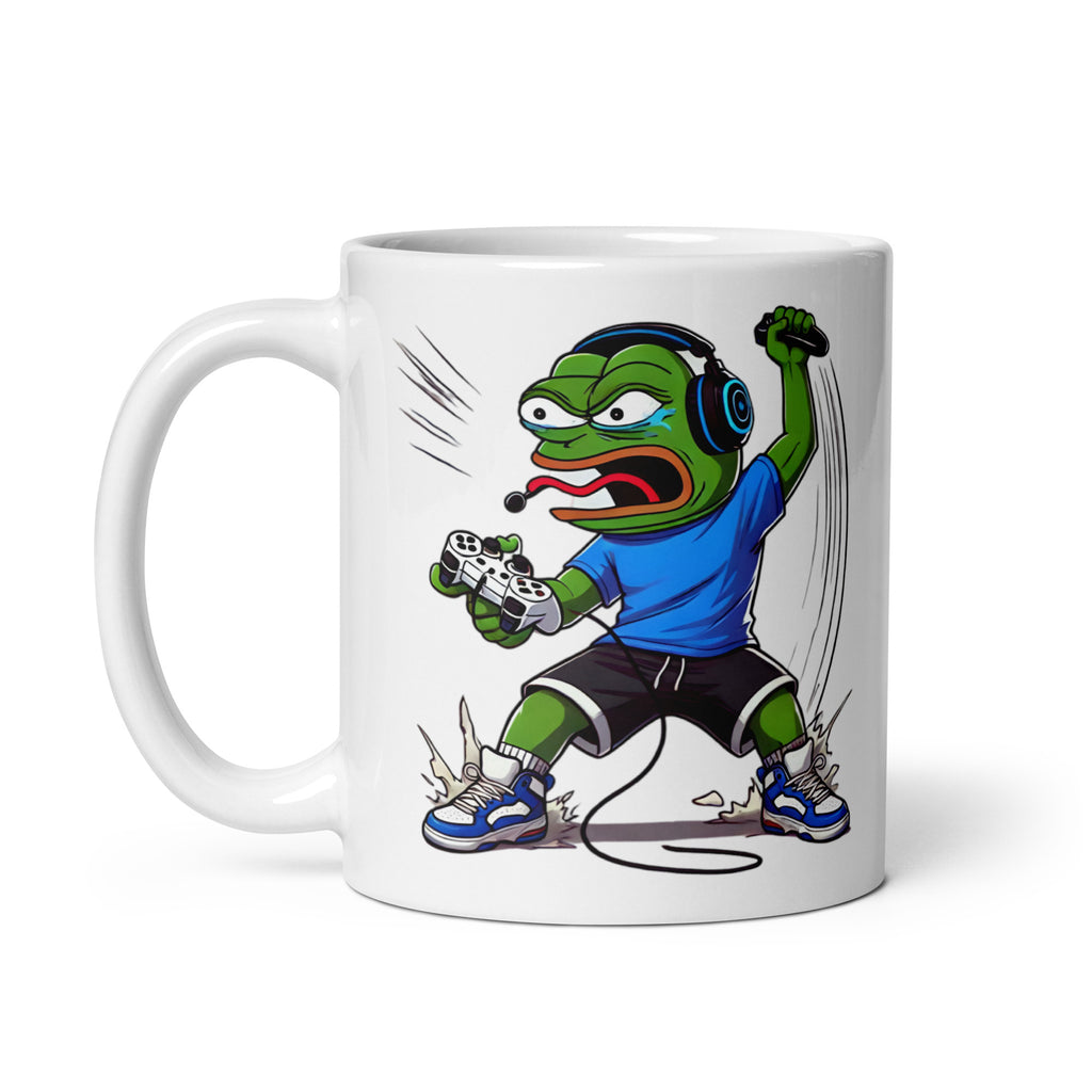 Close-up of the right side of the Pepe the Frog Rage Quit Mug (11oz), featuring Pepe in peak frustration mode, gripping his coffee with a mix of fury and defeat, making this the ultimate meme-inspired drinkware for gamers who take their losses seriously, printed on a novelty coffee cup built for collectors.