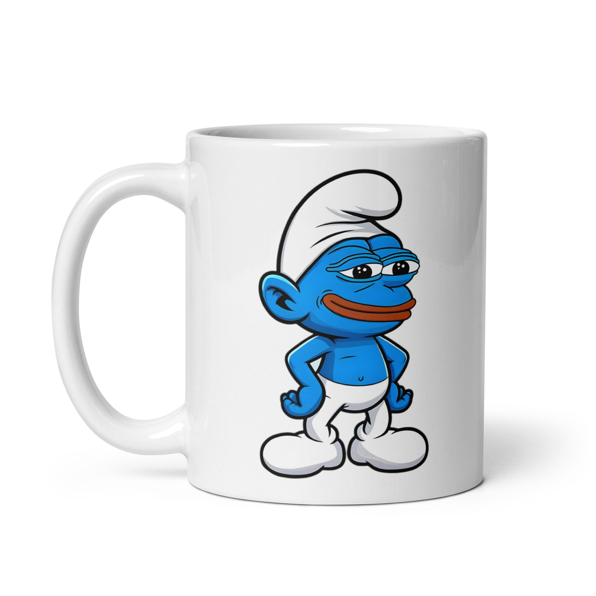 Unique 11oz Pepe the Smurf coffee mug featuring Pepe the Frog and a Smurf mashup, handle on the left. Fun drinkware for gamers and pop culture lovers.